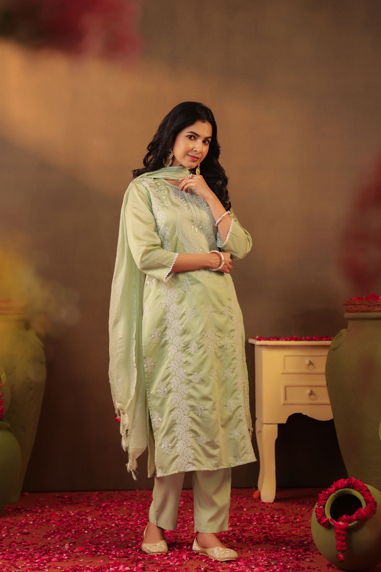 Freyaa Pista Green Embroidered Straight Kurta Trouser with Dupatta Set