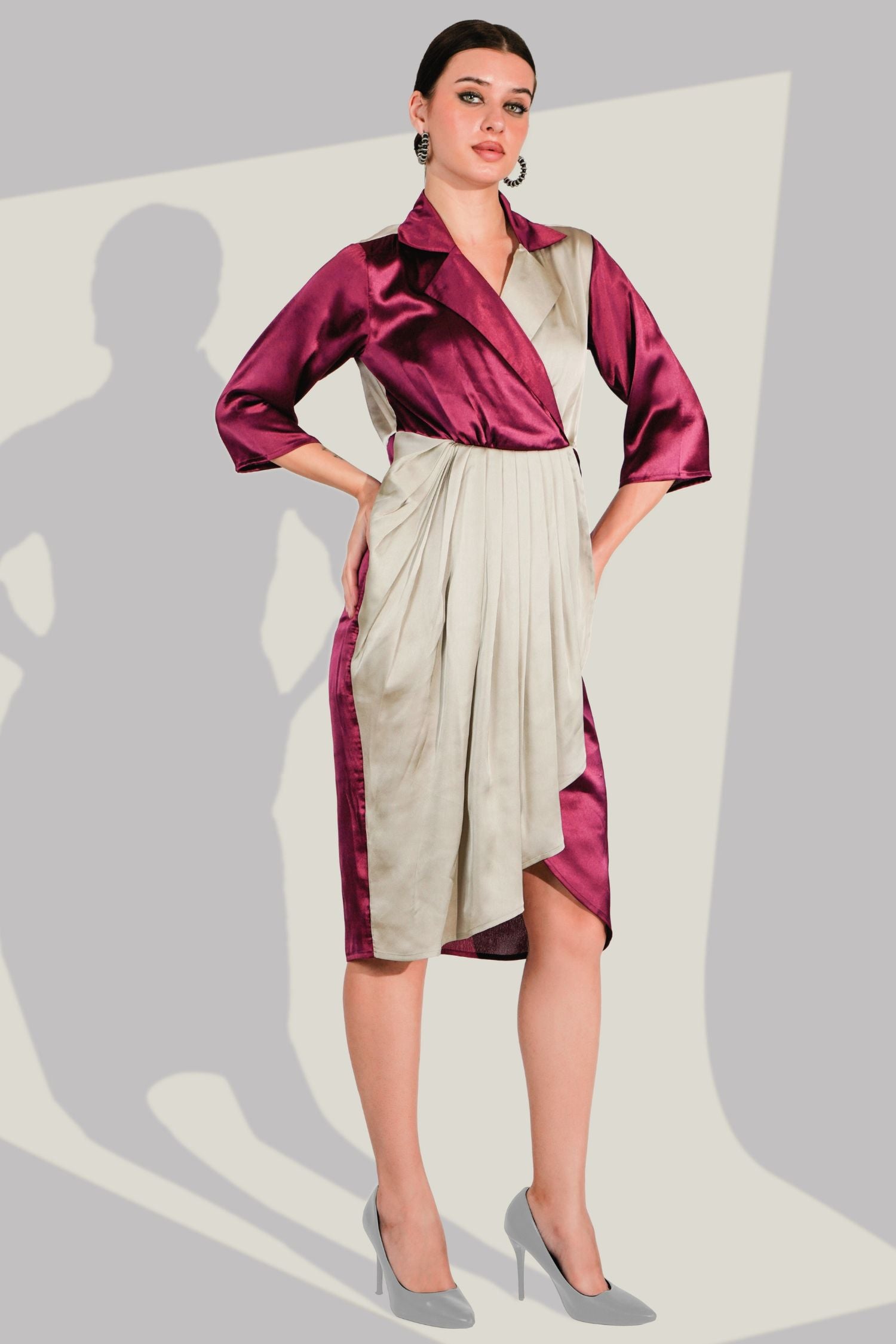 Maroon Satin Dress with Bold Stripe Line Design