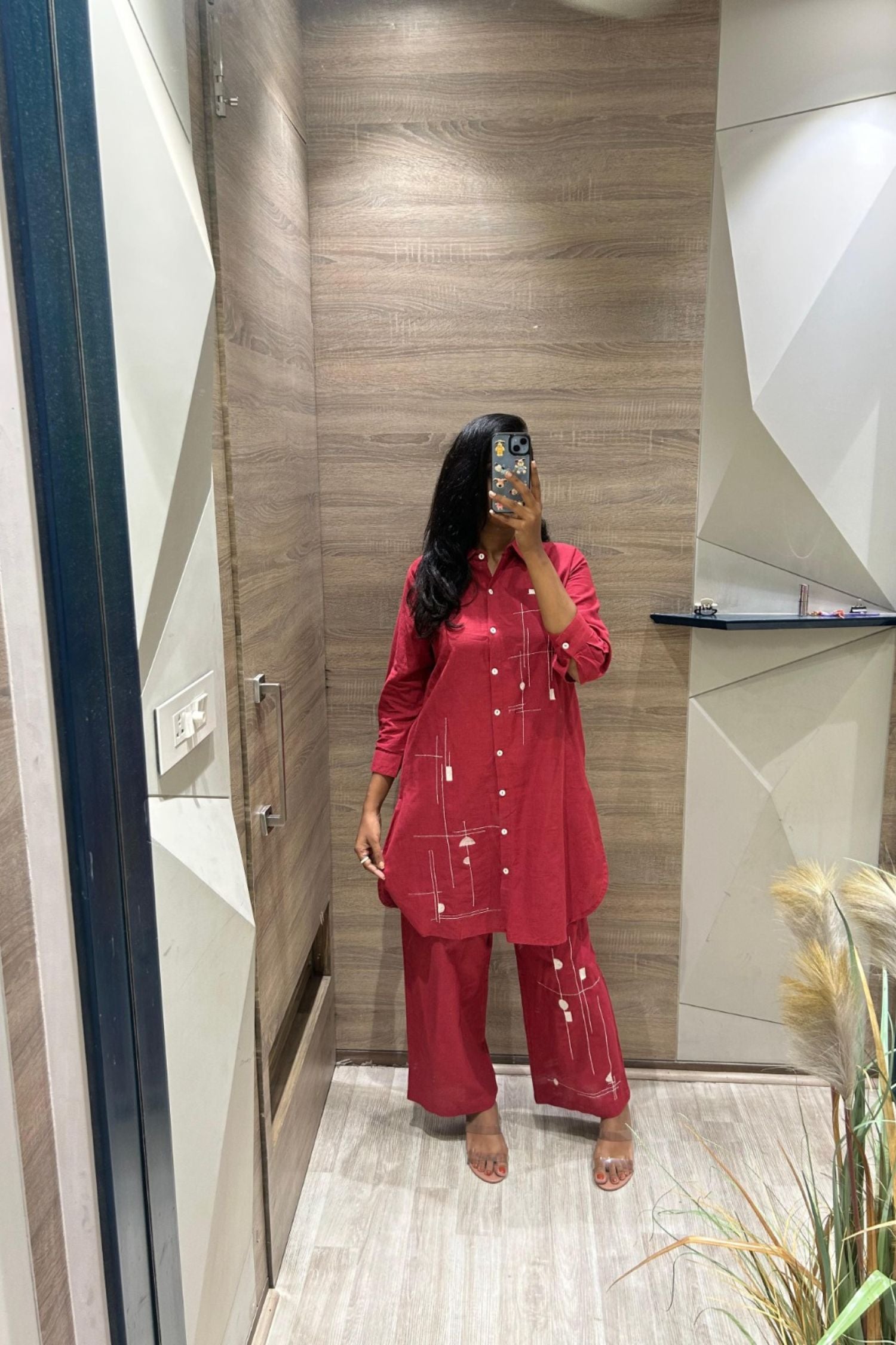 Red Cord Set with Modern Printed Shirt-Style Top