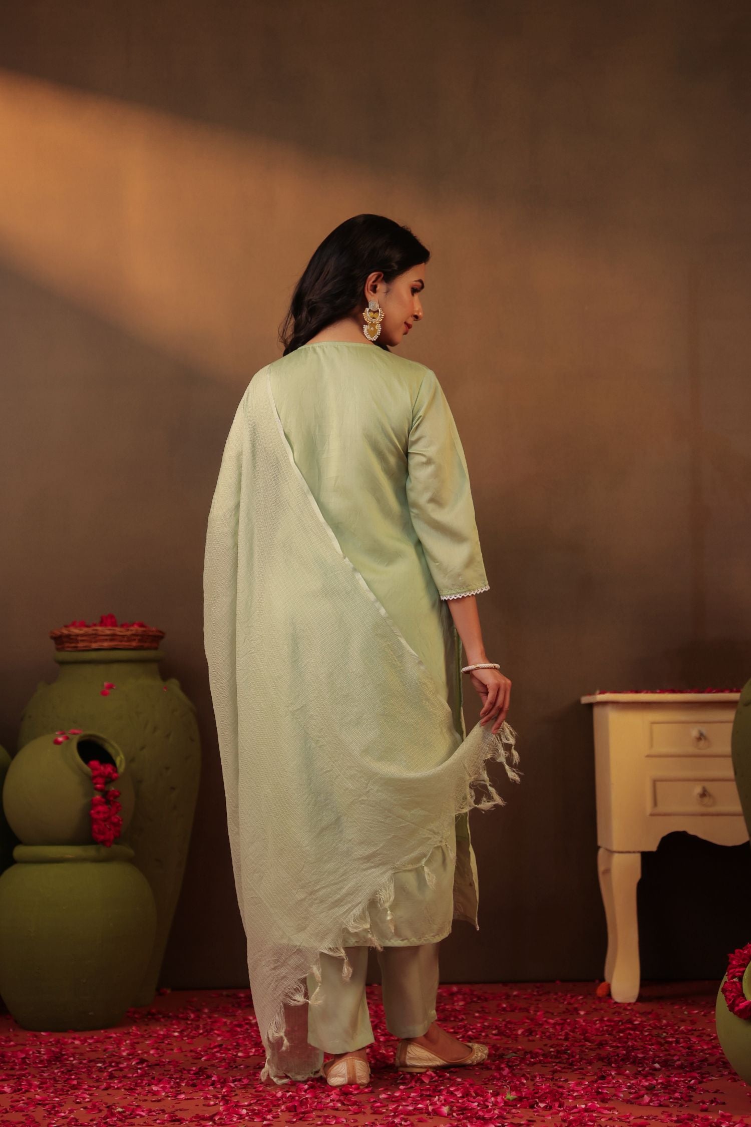 Freyaa Pista Green Embroidered Straight Kurta Trouser with Dupatta Set