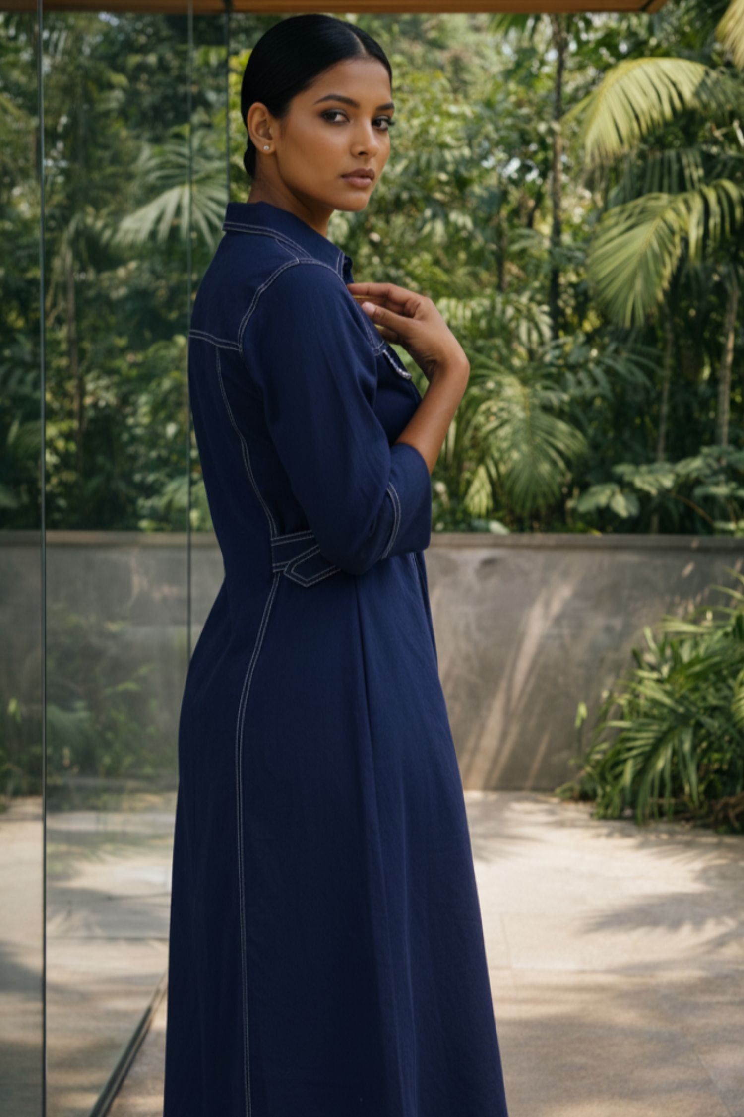 Blue Denim Long Dress with Pocket Moti Work