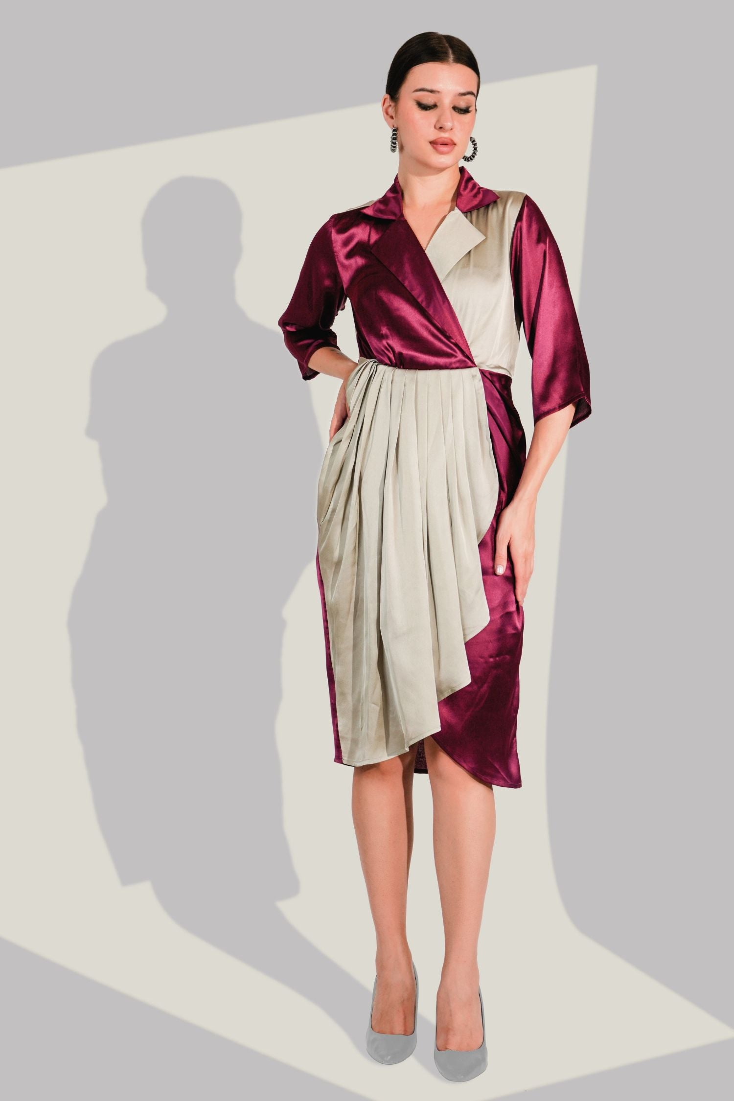 Maroon Satin Dress with Bold Stripe Line Design