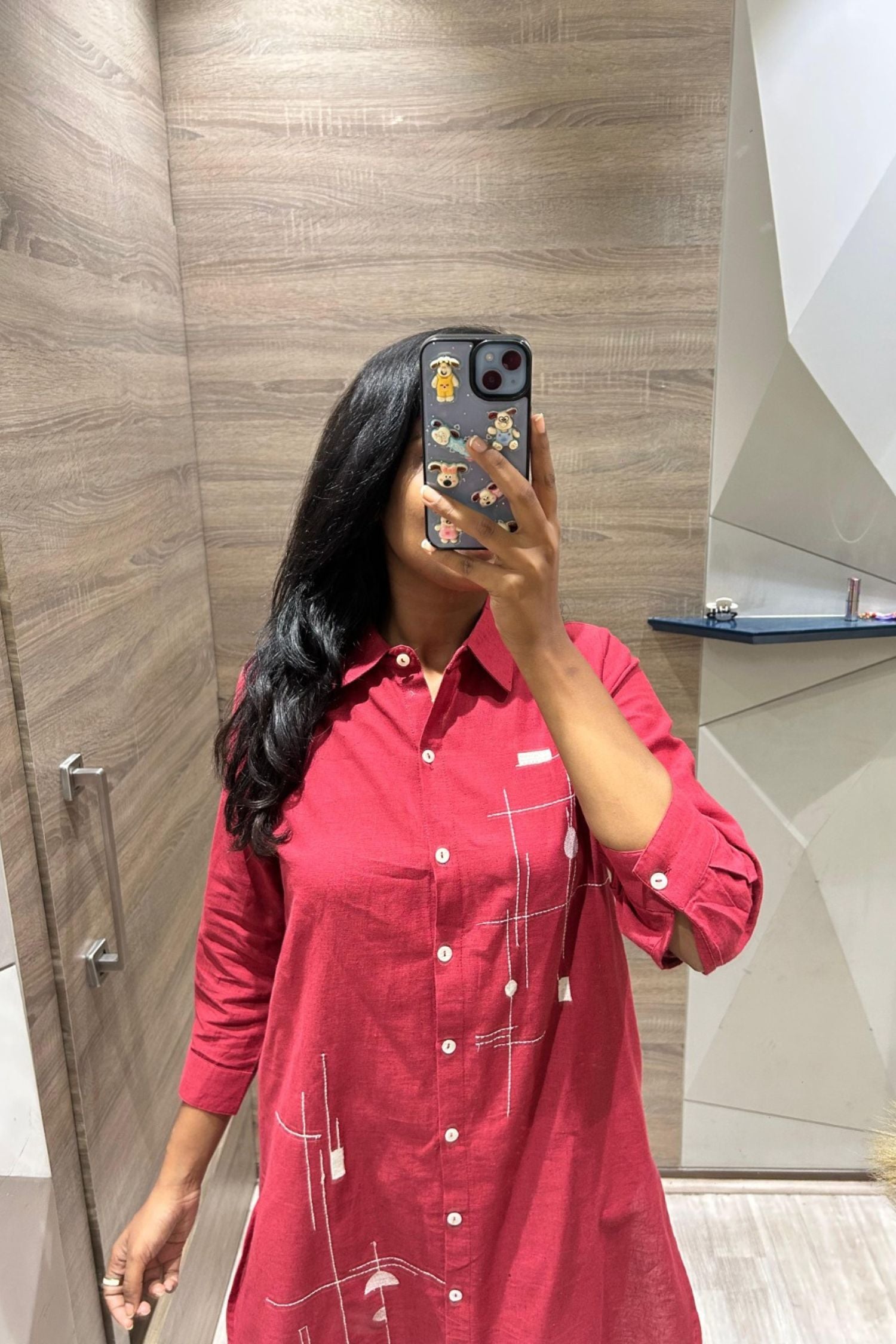 Red Cord Set with Modern Printed Shirt-Style Top