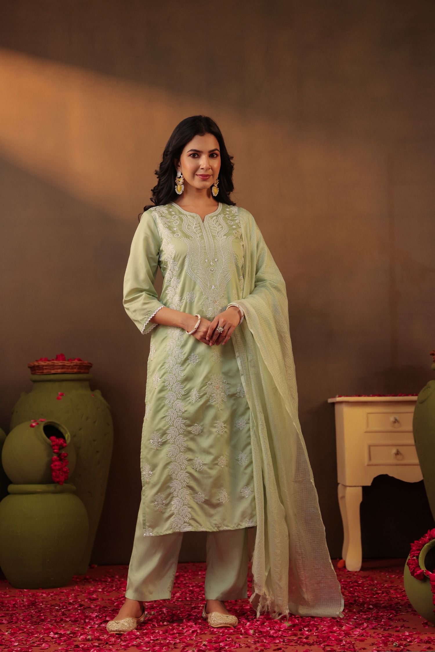 Freyaa Pista Green Embroidered Straight Kurta Trouser with Dupatta Set
