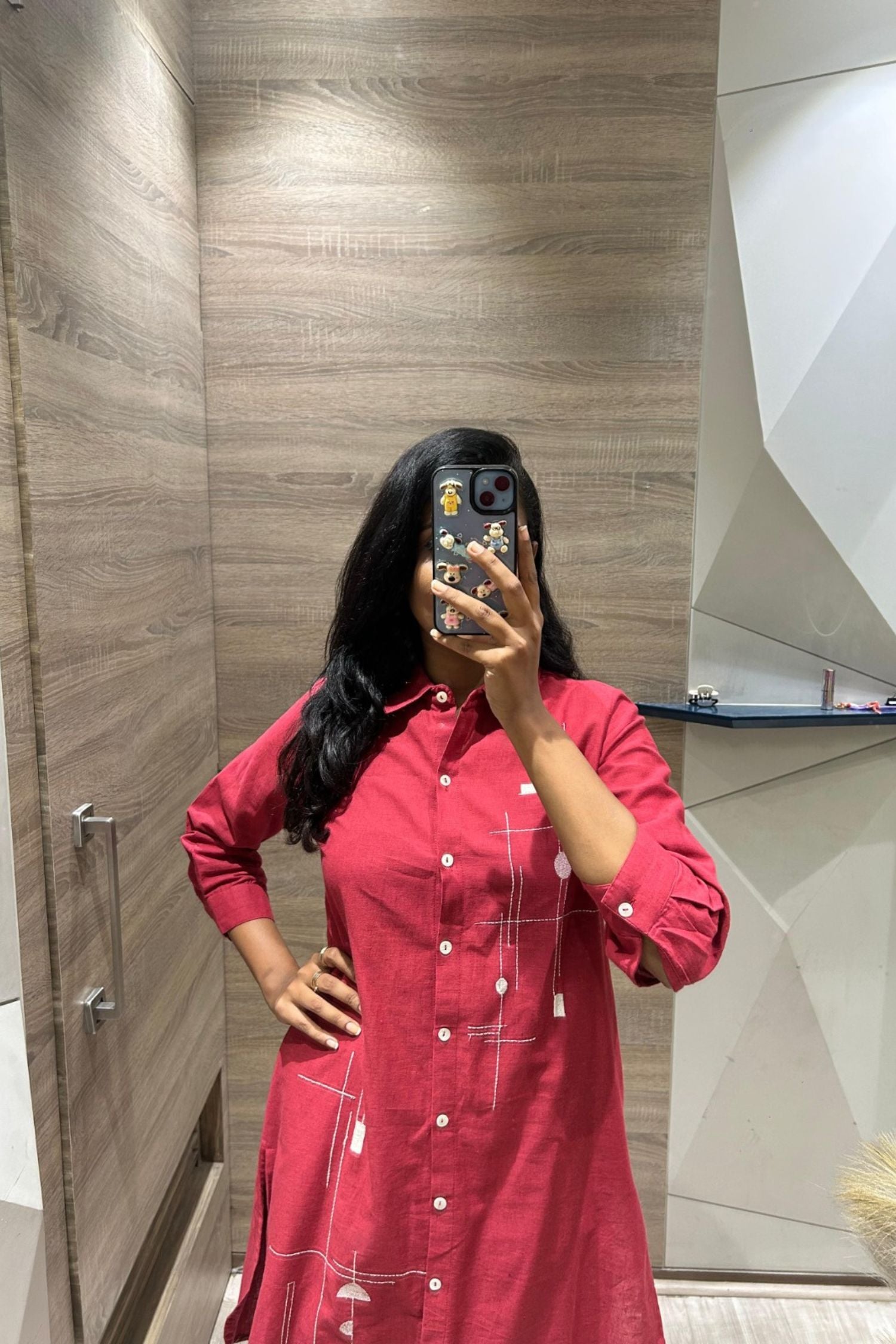 Red Cord Set with Modern Printed Shirt-Style Top