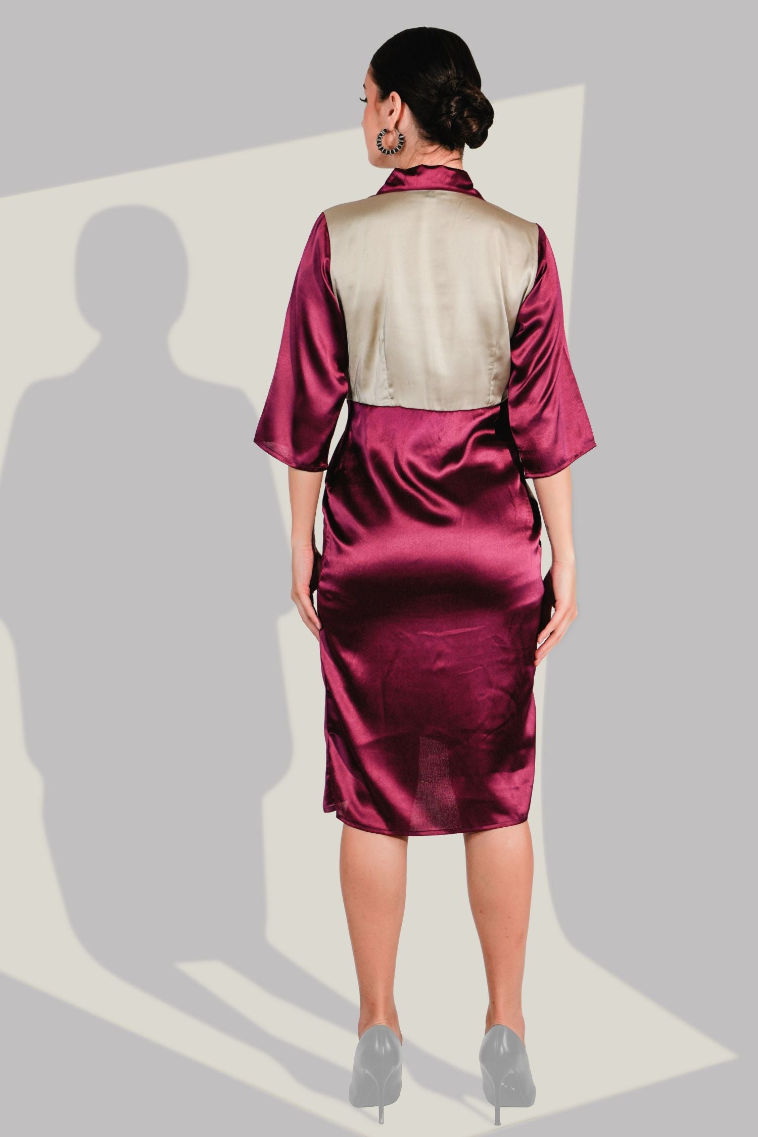 Maroon Satin Dress with Bold Stripe Line Design