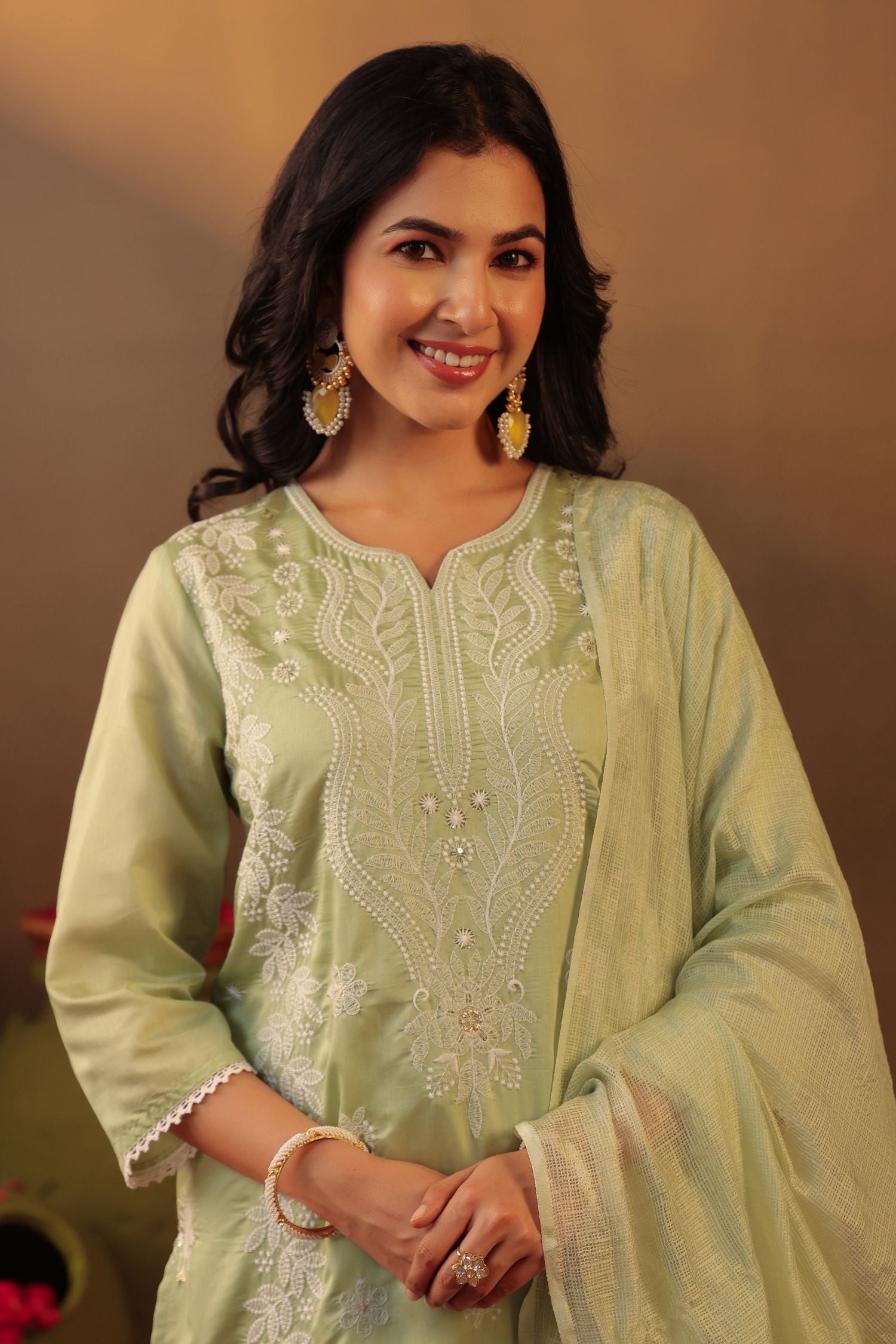 Freyaa Pista Green Embroidered Straight Kurta Trouser with Dupatta Set