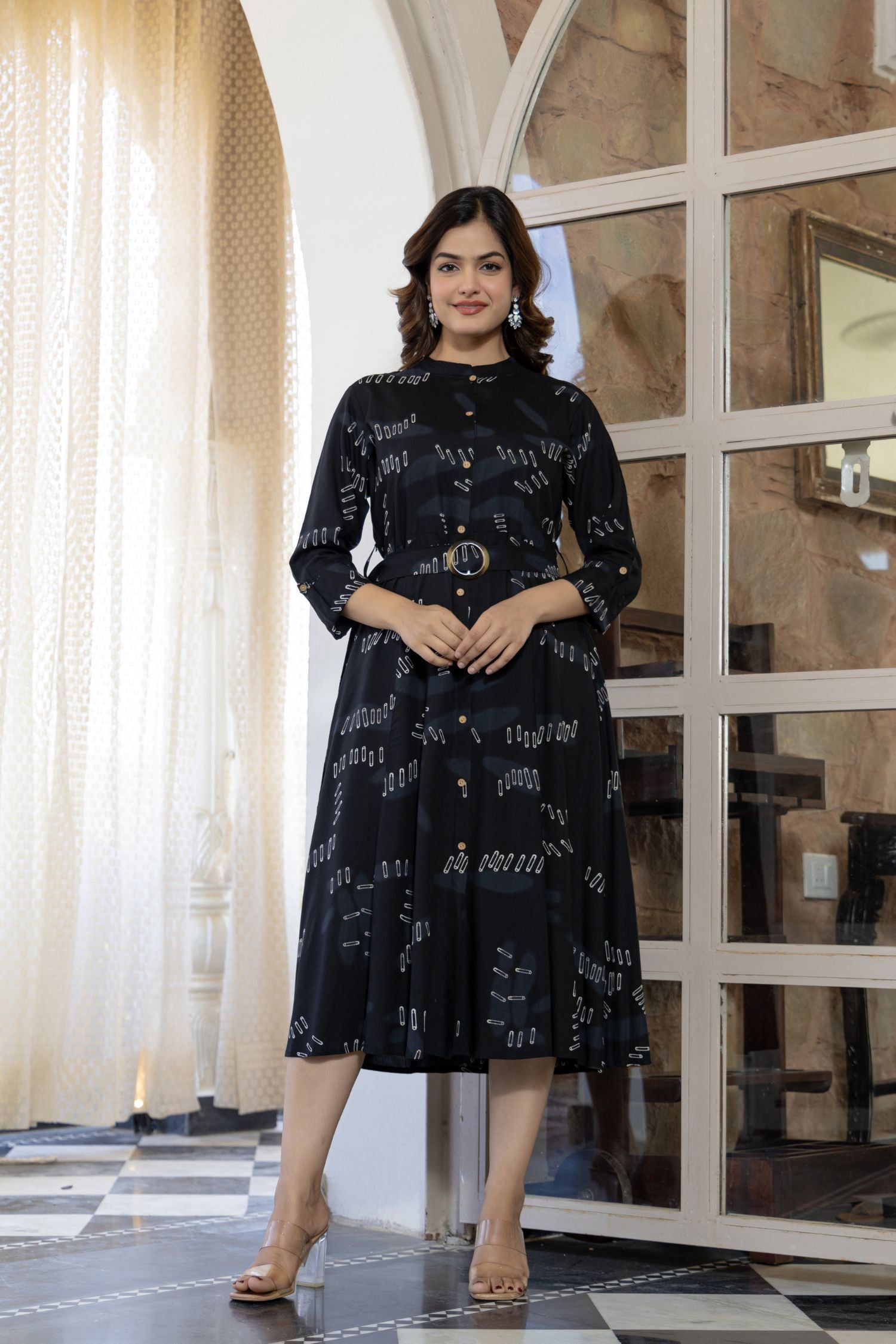 Long Shirt Dress with Belt and Bold Safety Pin Pattern