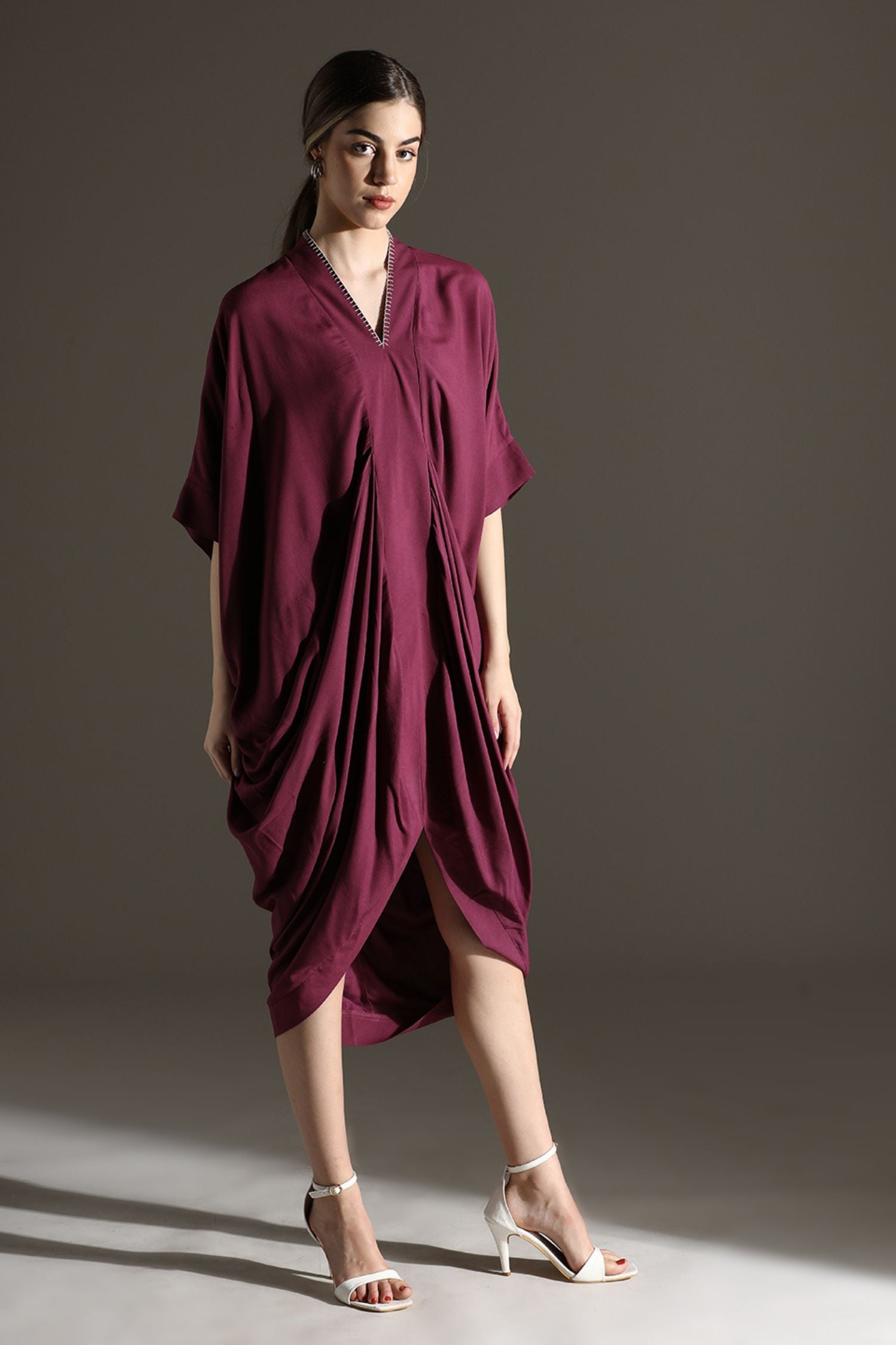 Purple Kaftan-Style Long Dress with Loose Fit