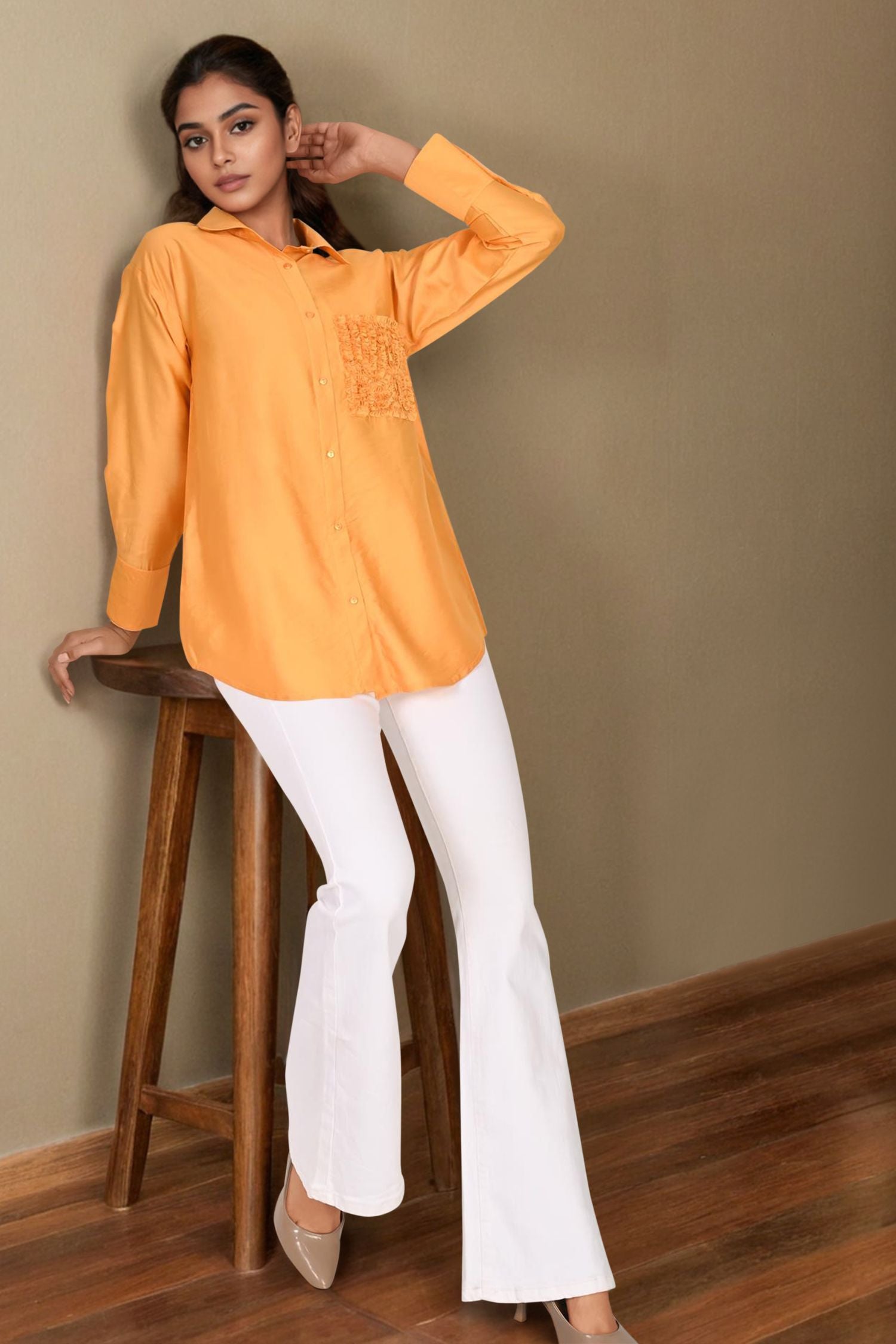 Yellow Full-Sleeve Shirt with Floral Pocket