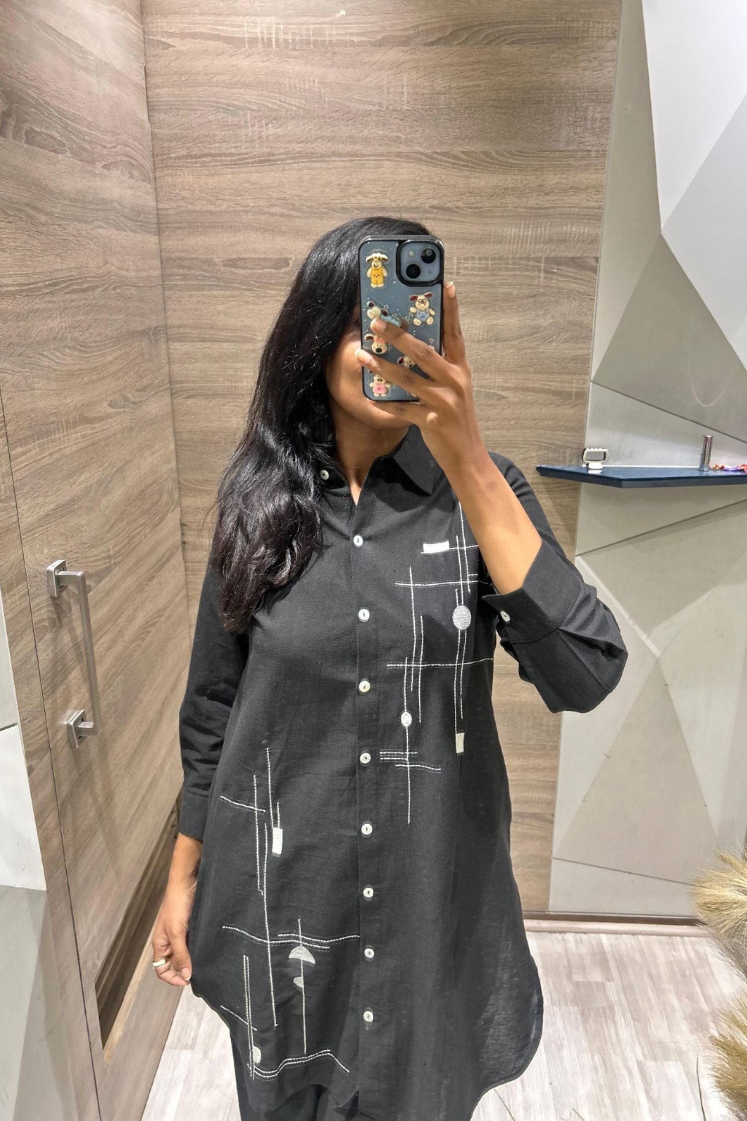 Black Cord Set with Printed Shirt-Style Top and Matching Pants