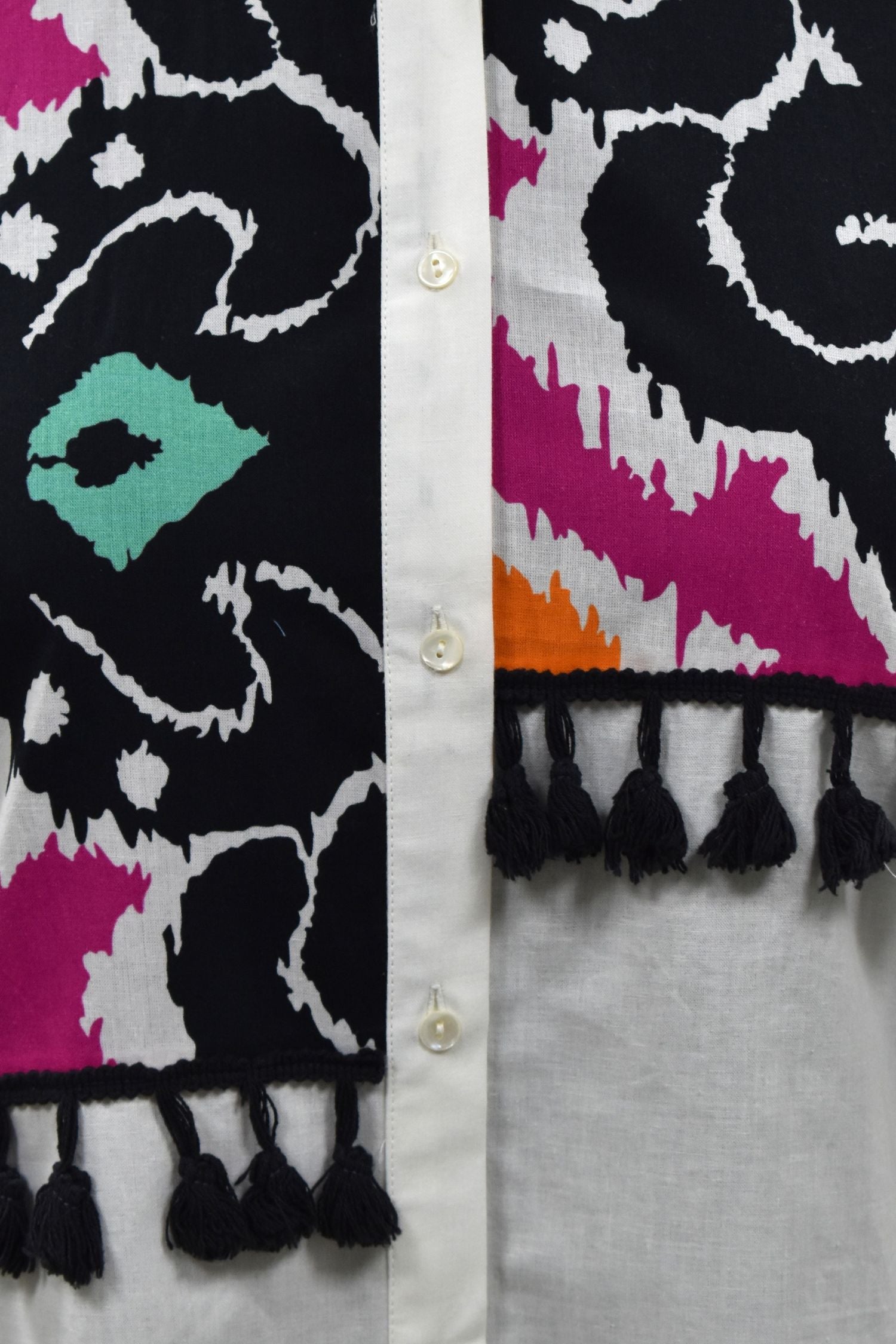 White Cotton Shirt with Abstract Patchwork & Tassel Detailing
