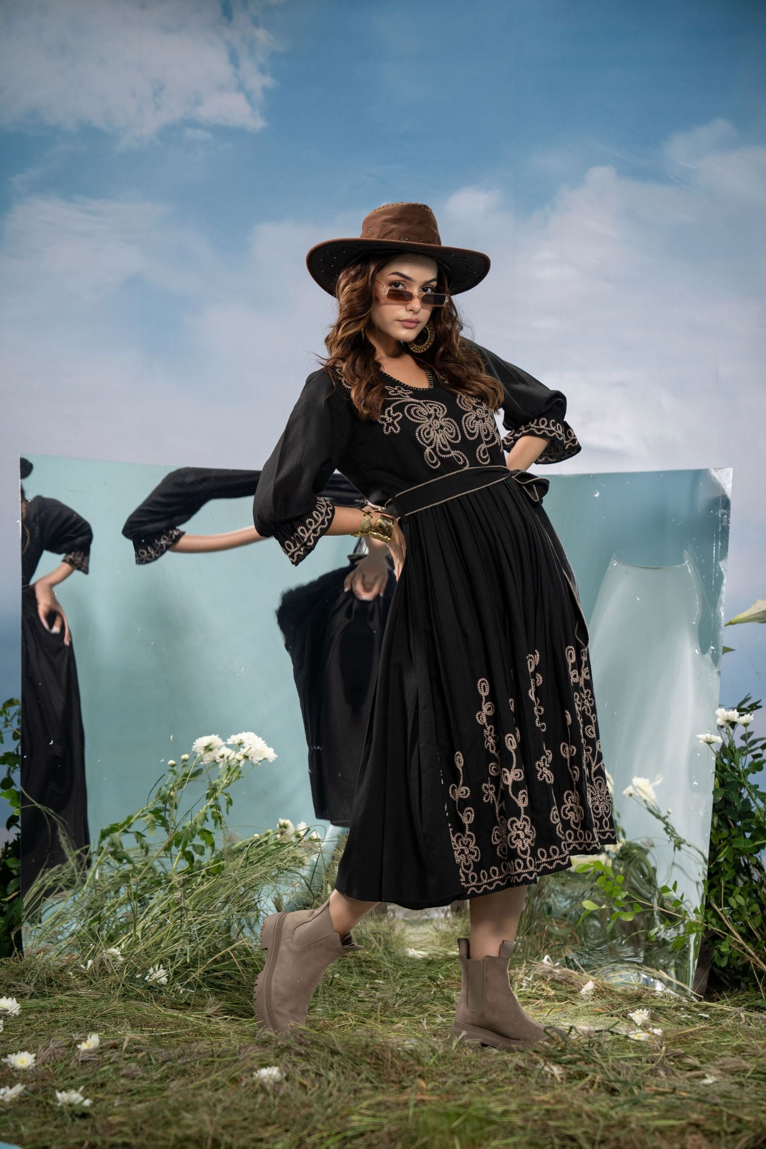 Black Long Dress with Elegant Thread Embroidery & Belt