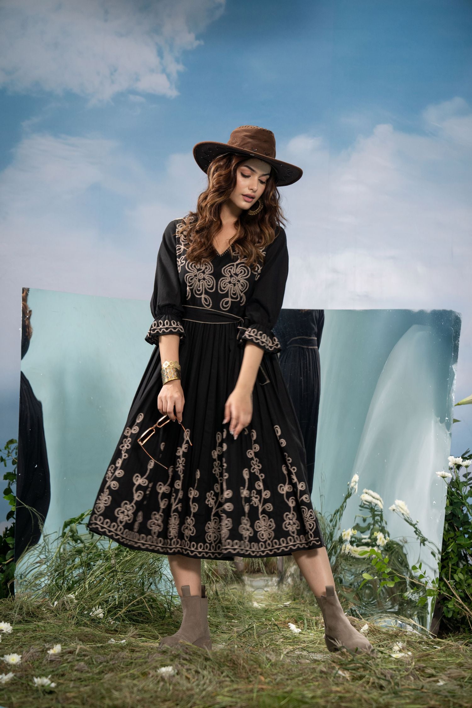 Black Long Dress with Elegant Thread Embroidery & Belt