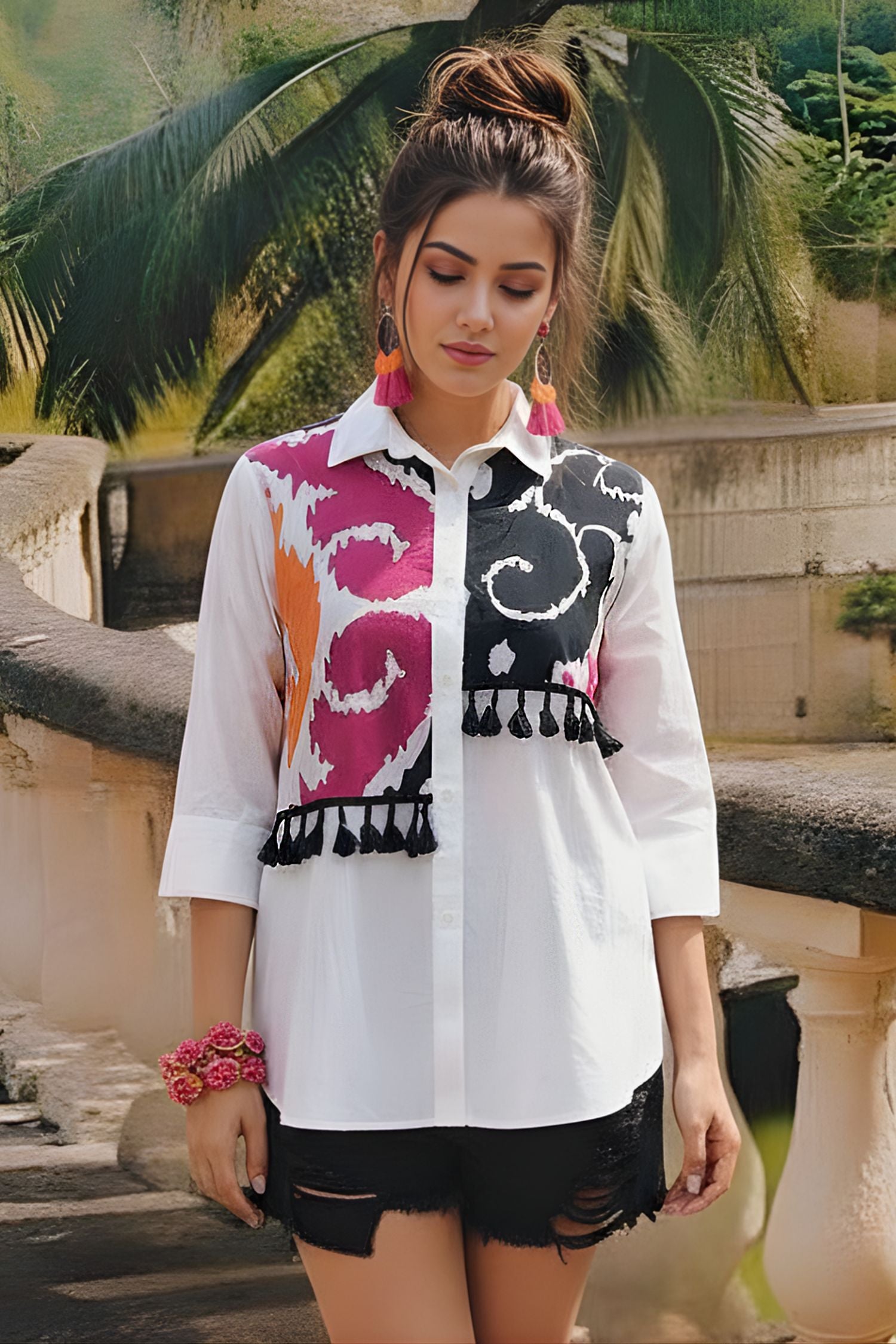 White Cotton Shirt with Abstract Patchwork & Tassel Detailing