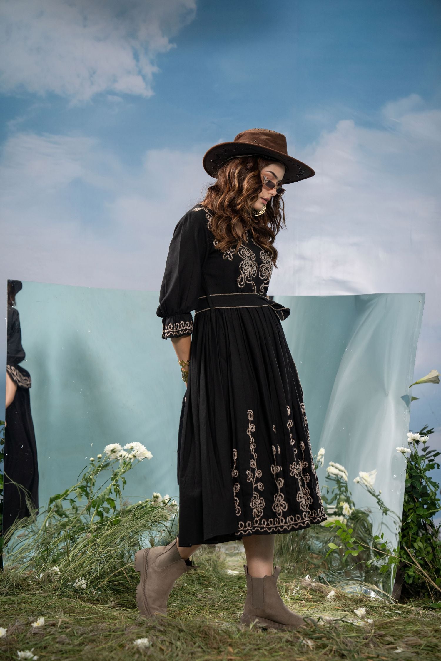Black Long Dress with Elegant Thread Embroidery & Belt