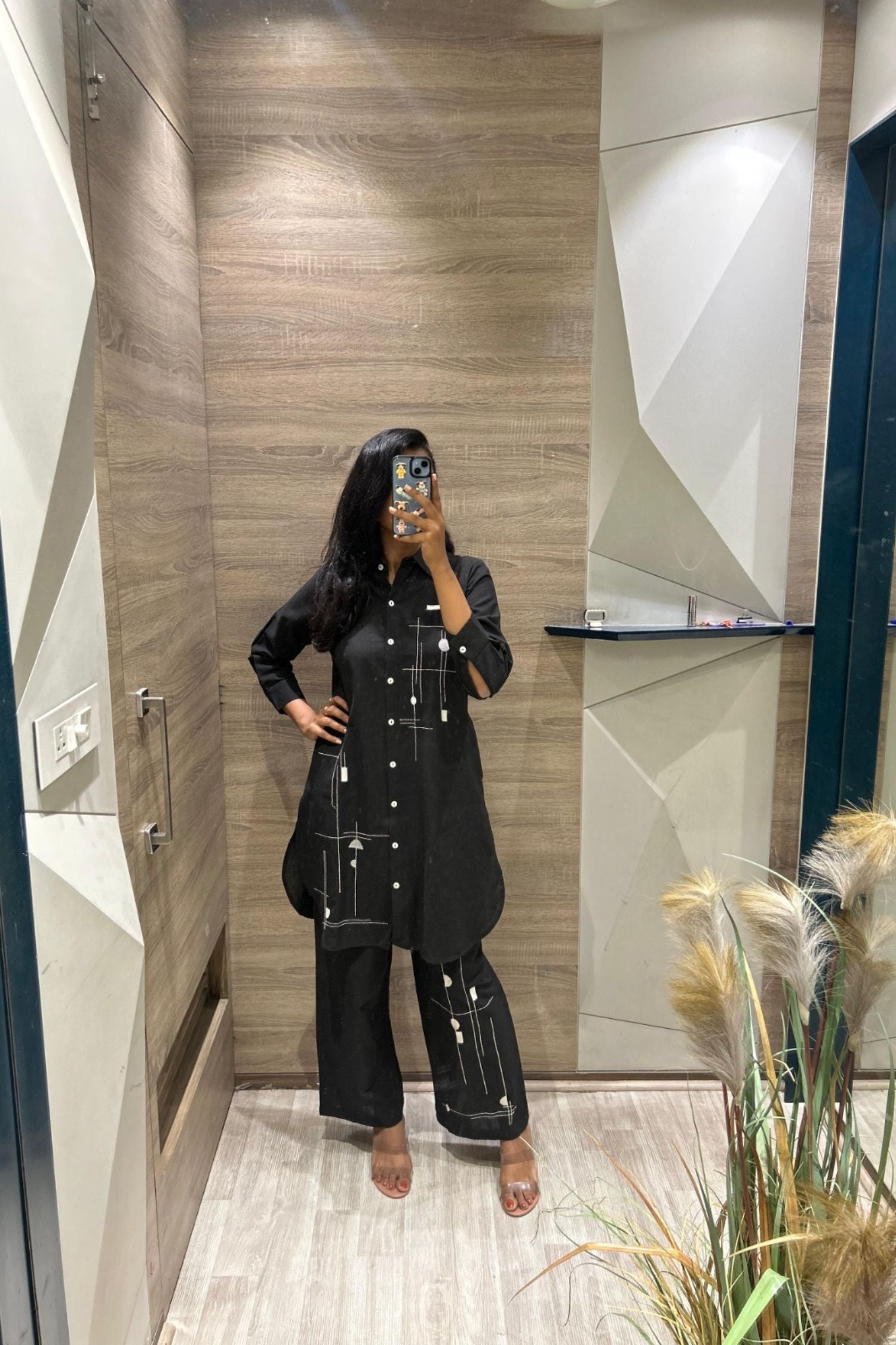 Black Cord Set with Printed Shirt-Style Top and Matching Pants