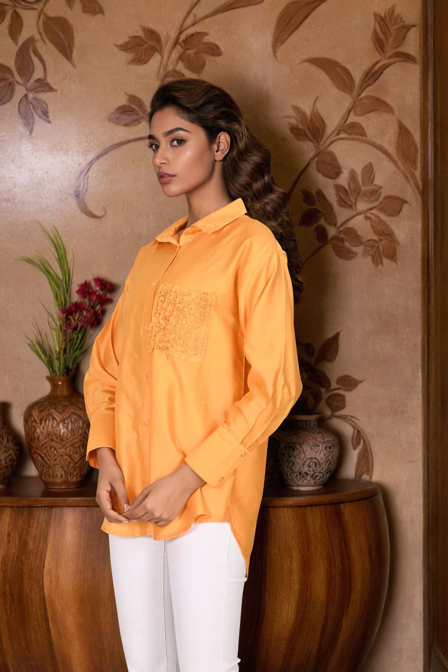 Yellow Full-Sleeve Shirt with Floral Pocket