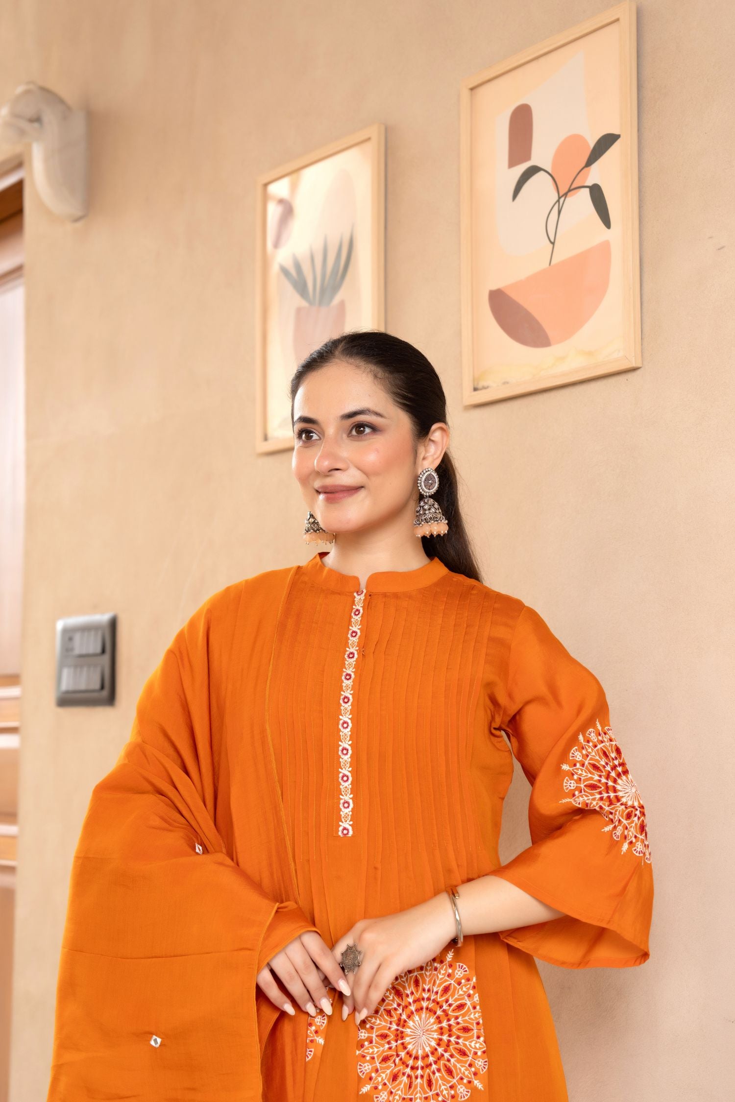 Cotton Three-Piece Ensemble with Elegant Neck Embroidery and Bold Circle Motif