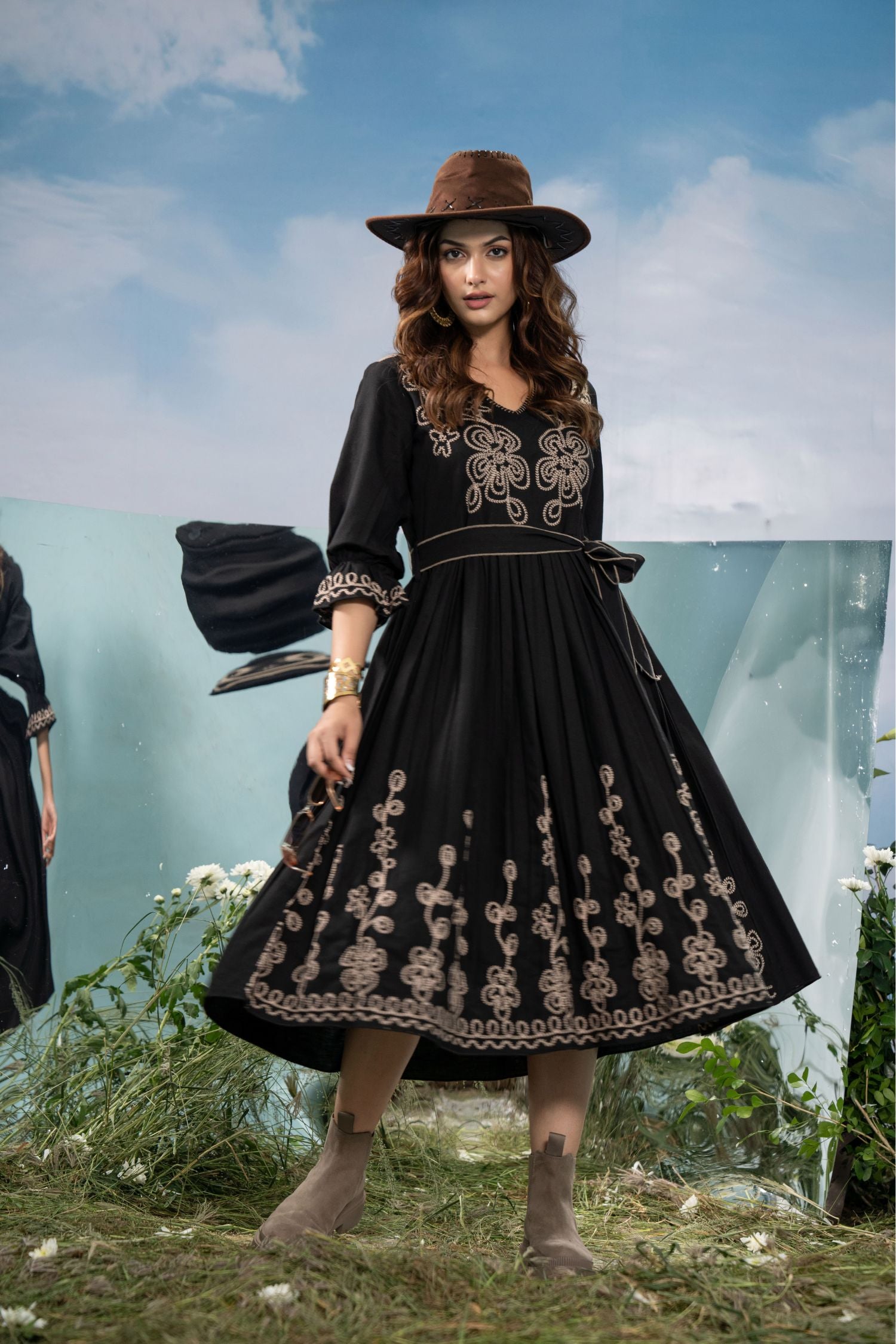 Black Long Dress with Elegant Thread Embroidery & Belt