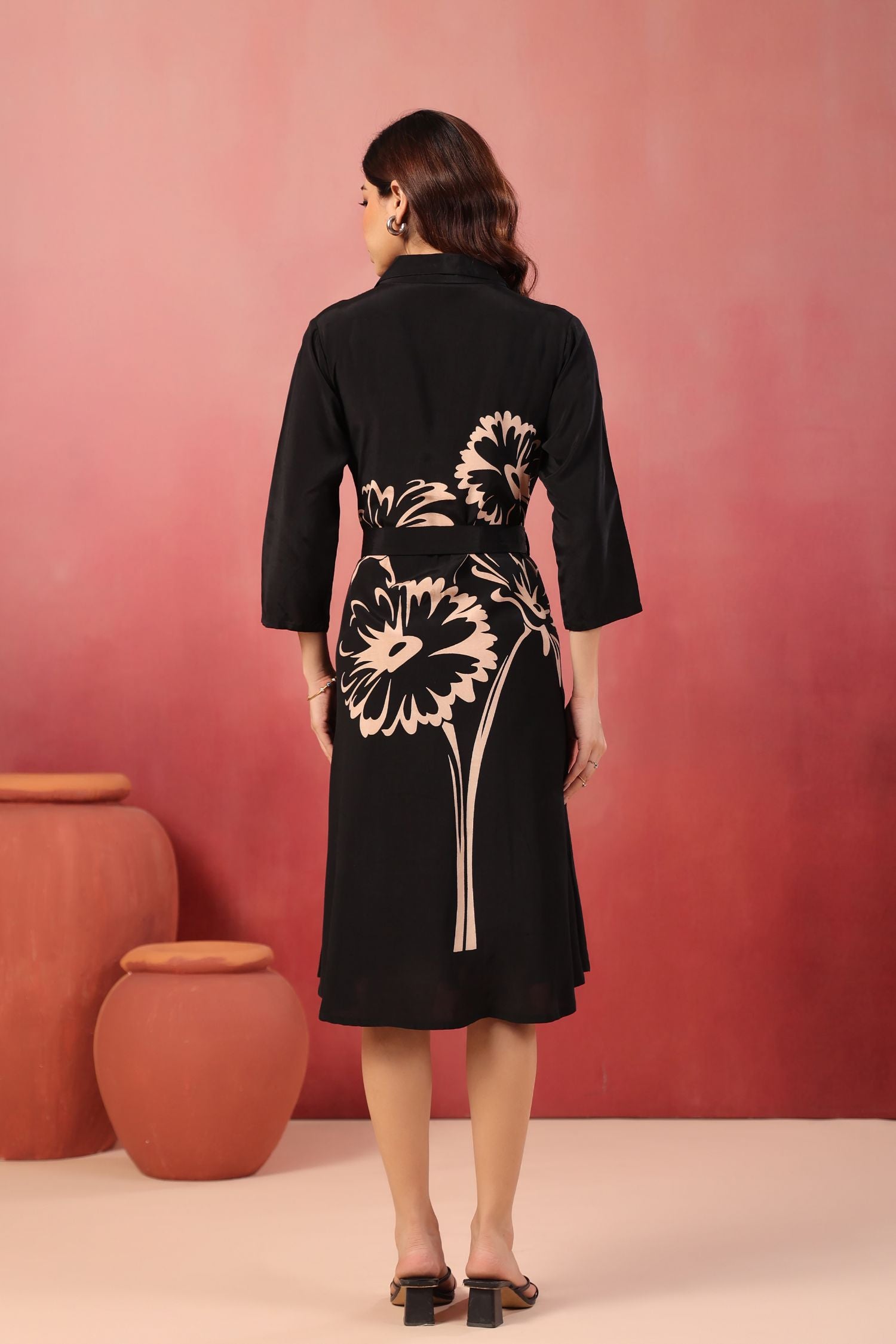 Black Floral Charm Belted Dress