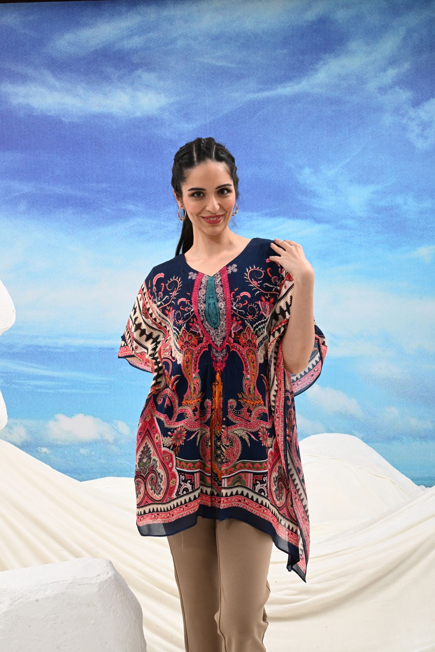 Blue Short Viscose Kaftan with Flowing Silhouette