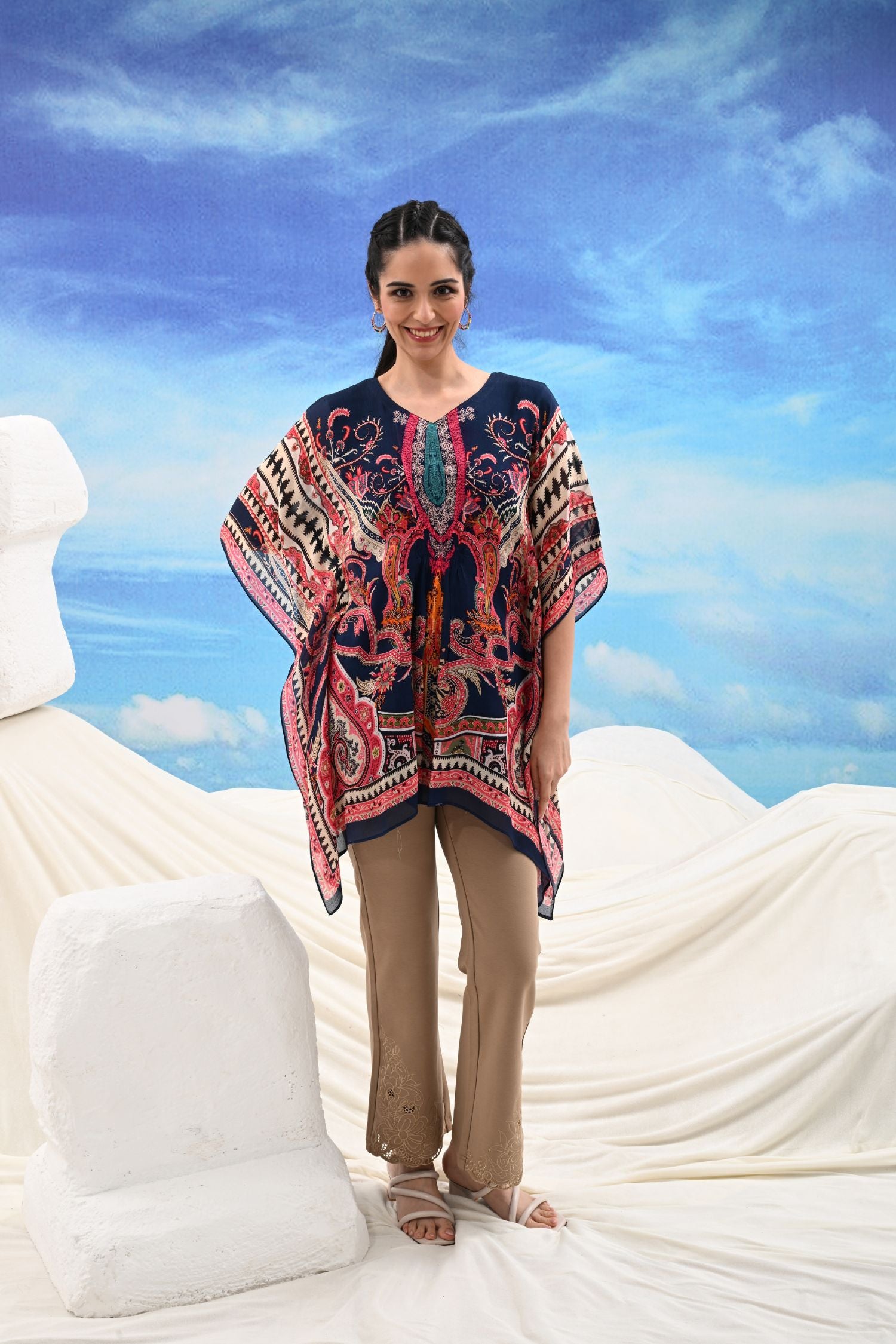 Blue Short Viscose Kaftan with Flowing Silhouette