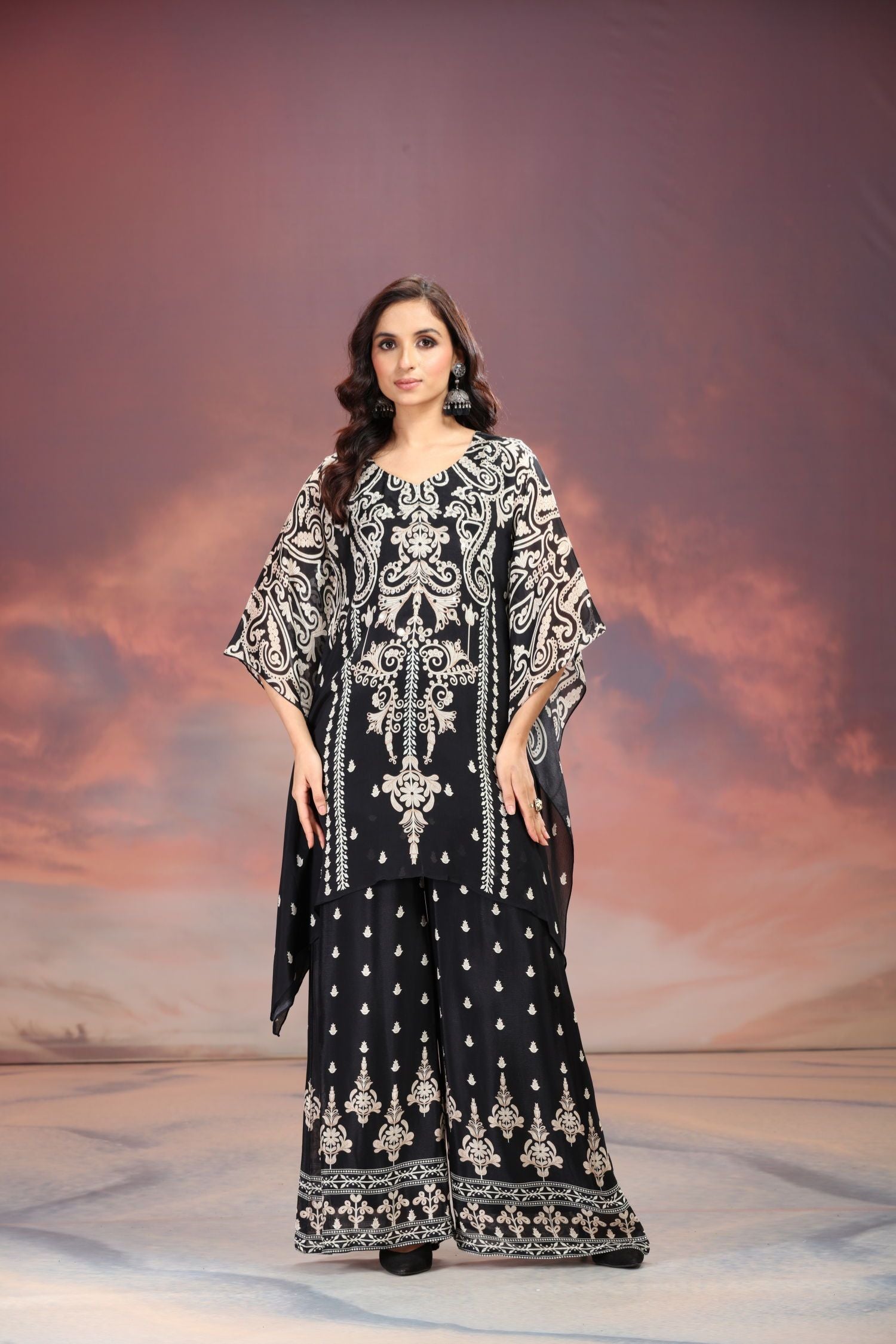 Black Sharara-Style Two-Piece Cord Set with Detailed Embroidered Design