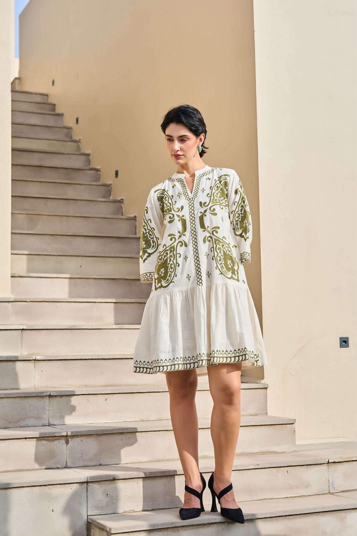 Modern Cream Tunic Accented with Green Thread Work