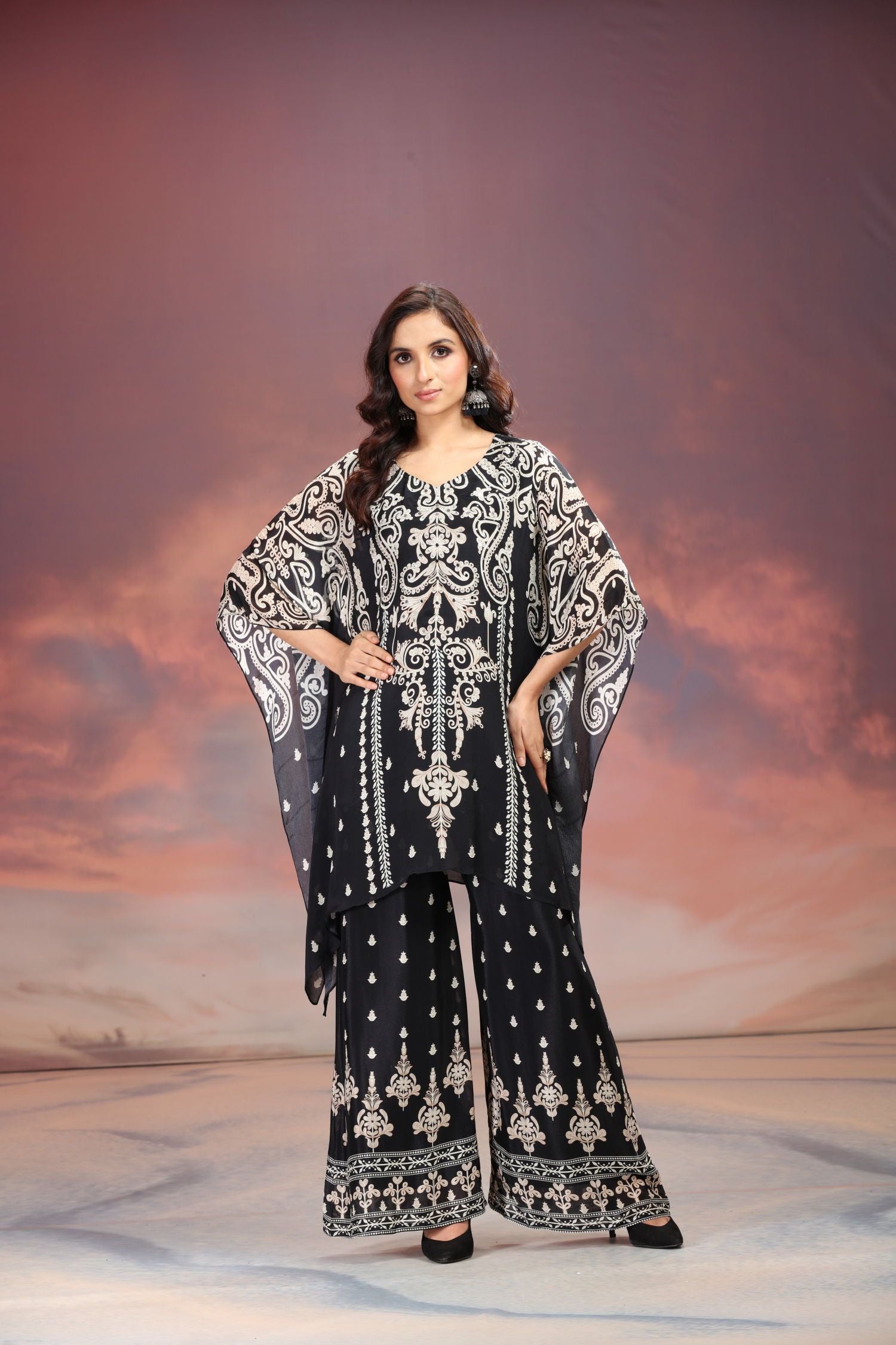 Black Sharara-Style Two-Piece Cord Set with Detailed Embroidered Design