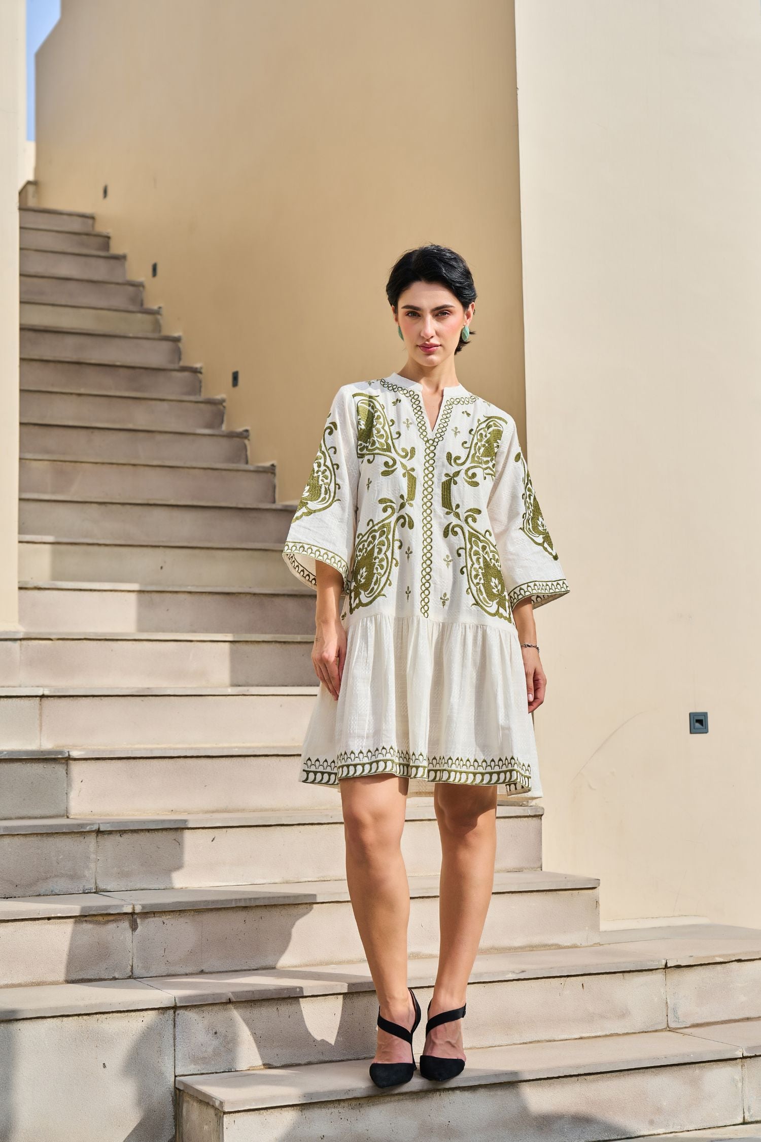 Modern Cream Tunic Accented with Green Thread Work