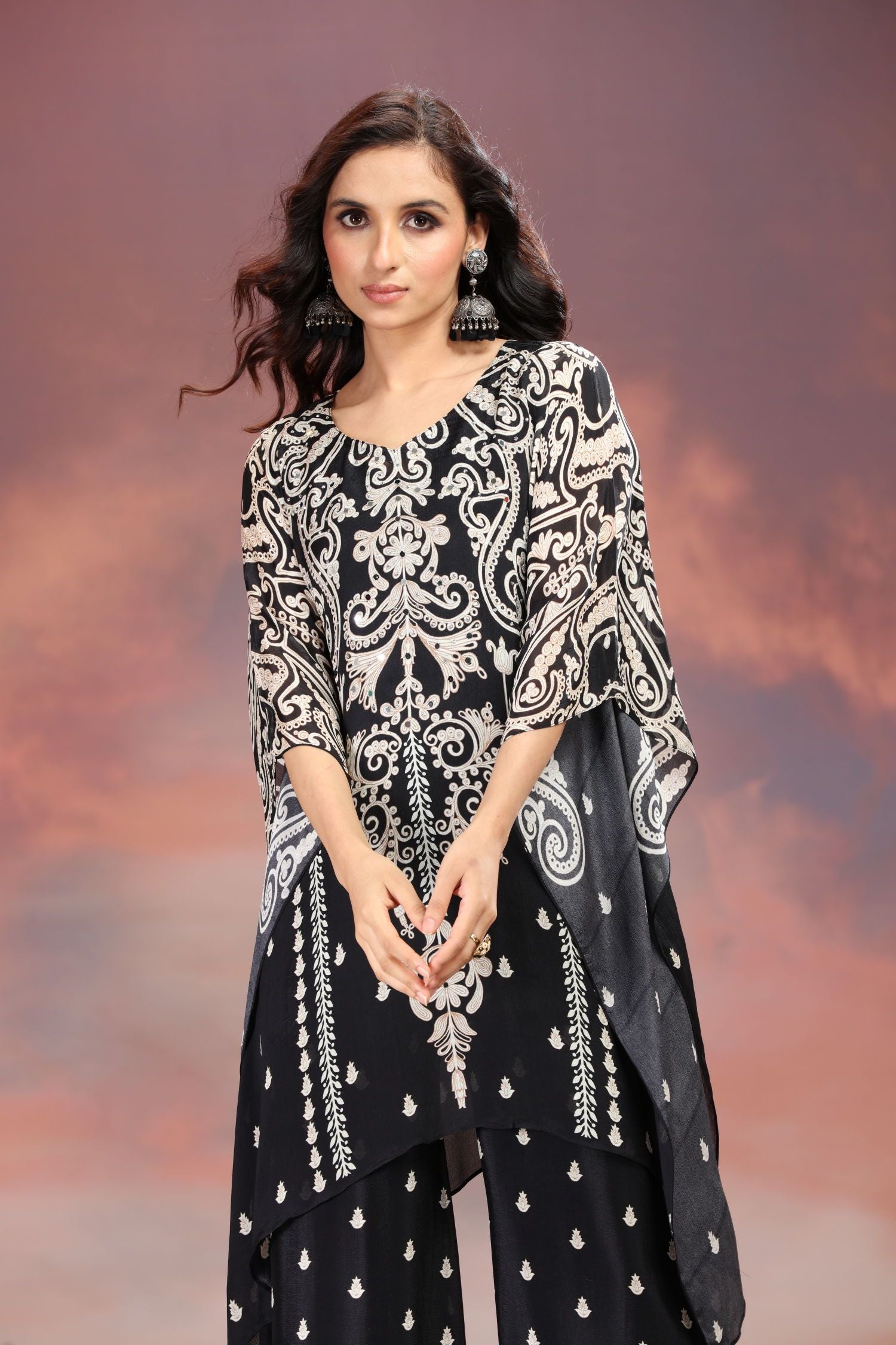 Black Sharara-Style Two-Piece Cord Set with Detailed Embroidered Design