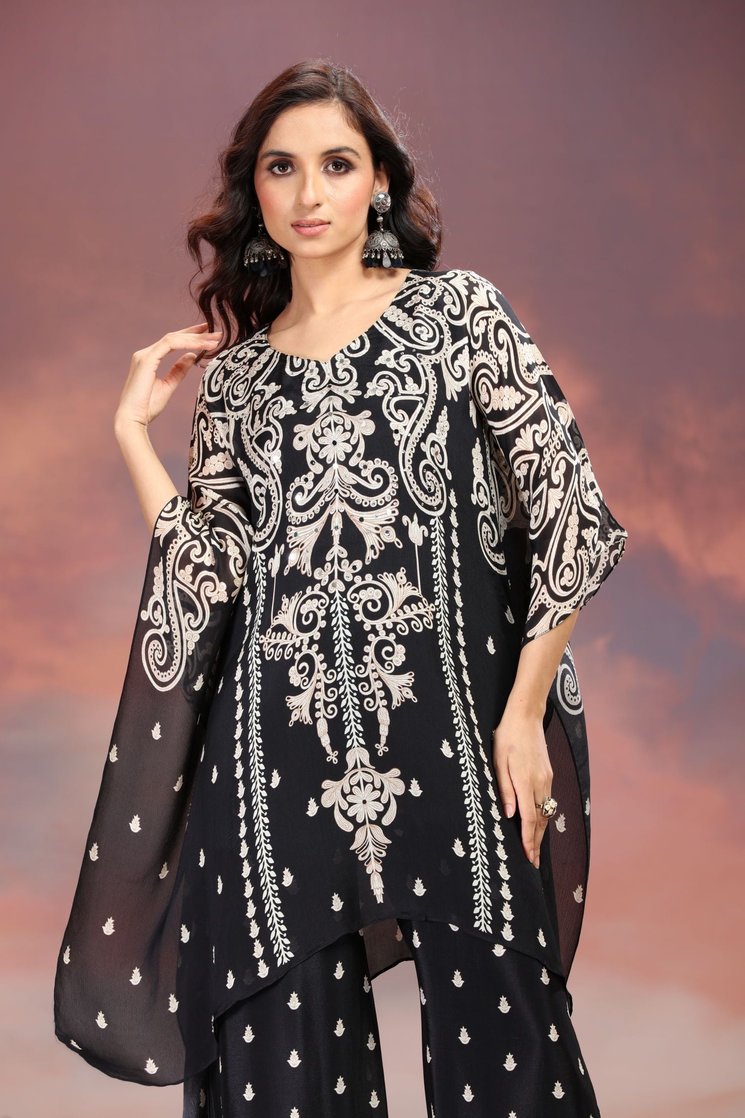 Black Sharara-Style Two-Piece Cord Set with Detailed Embroidered Design