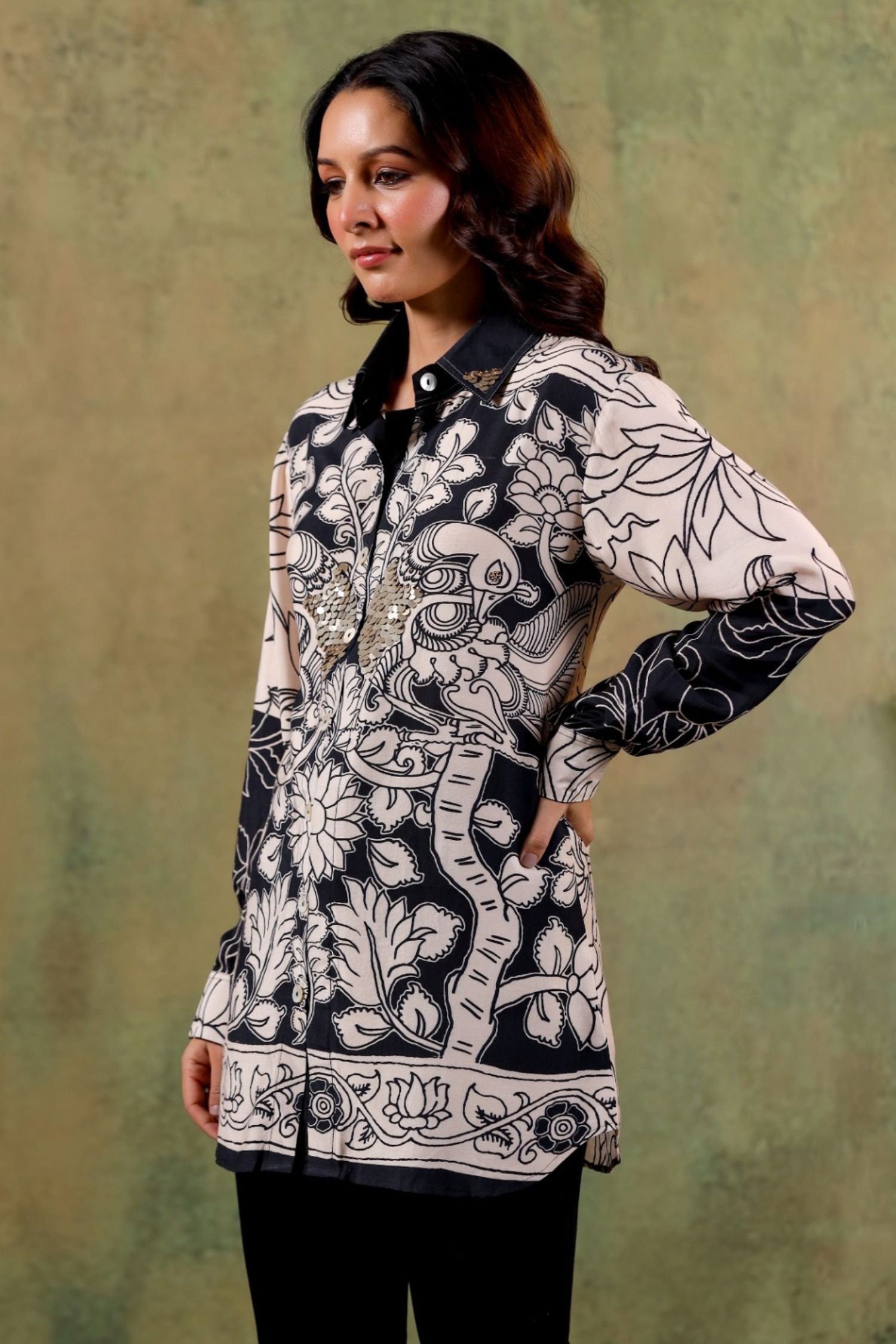 Premium Cream Sequin Embellished Printed Shirt