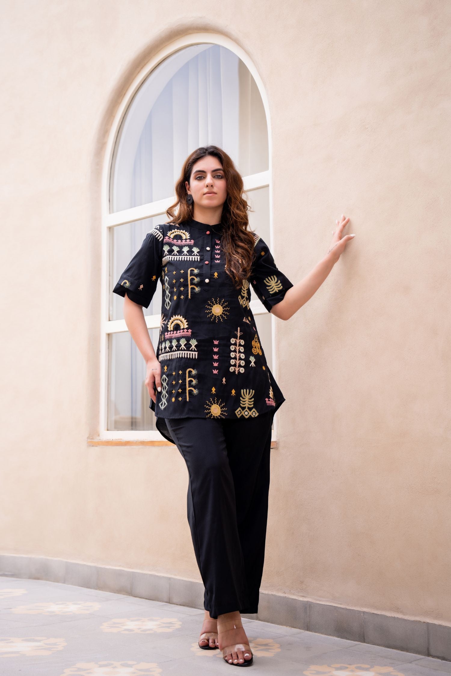 Black Cord Set with Elegant Thread Work and High-Low Top