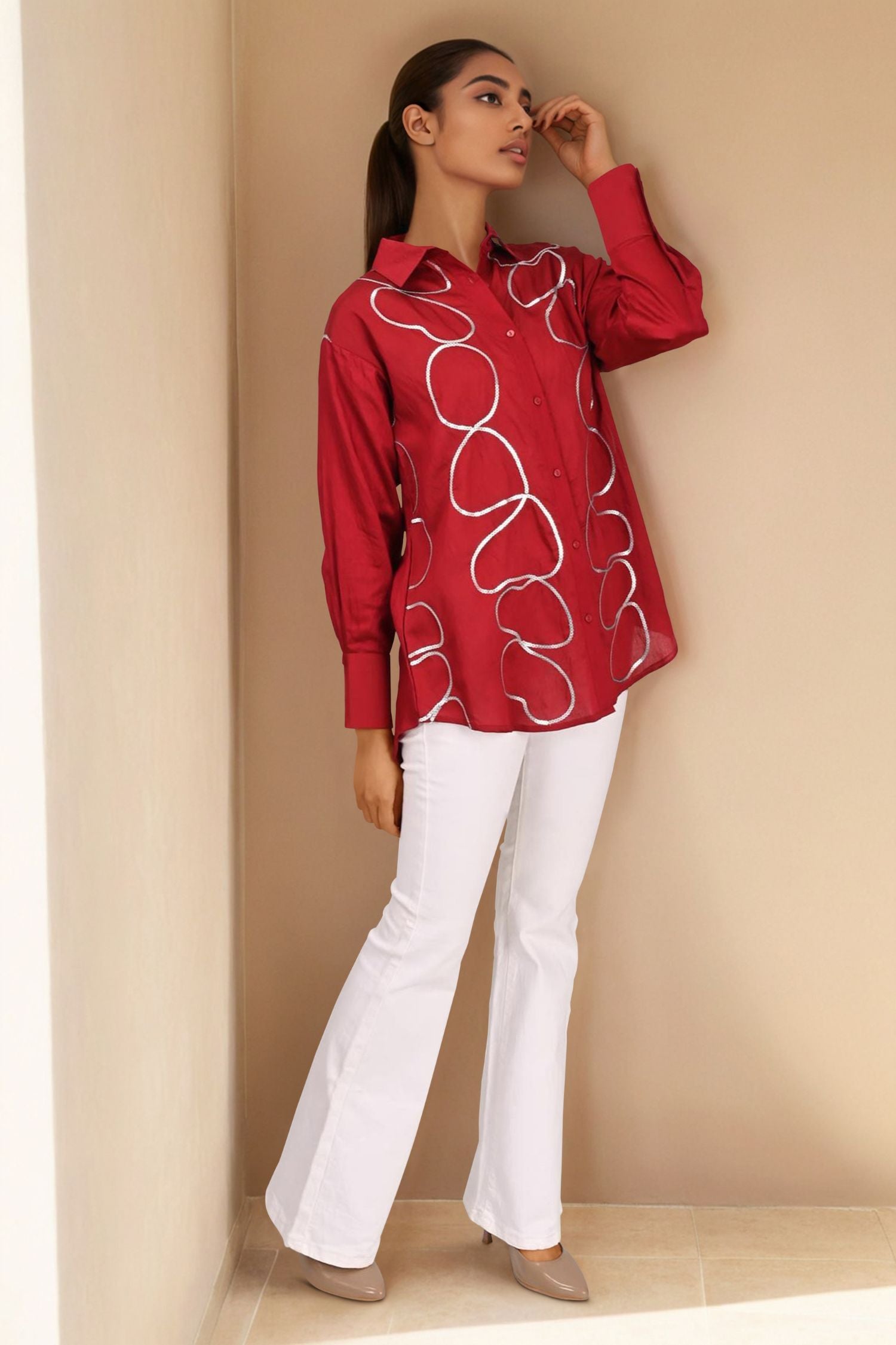 Maroon Full-Sleeve Shirt with Elegant Golden Stripes