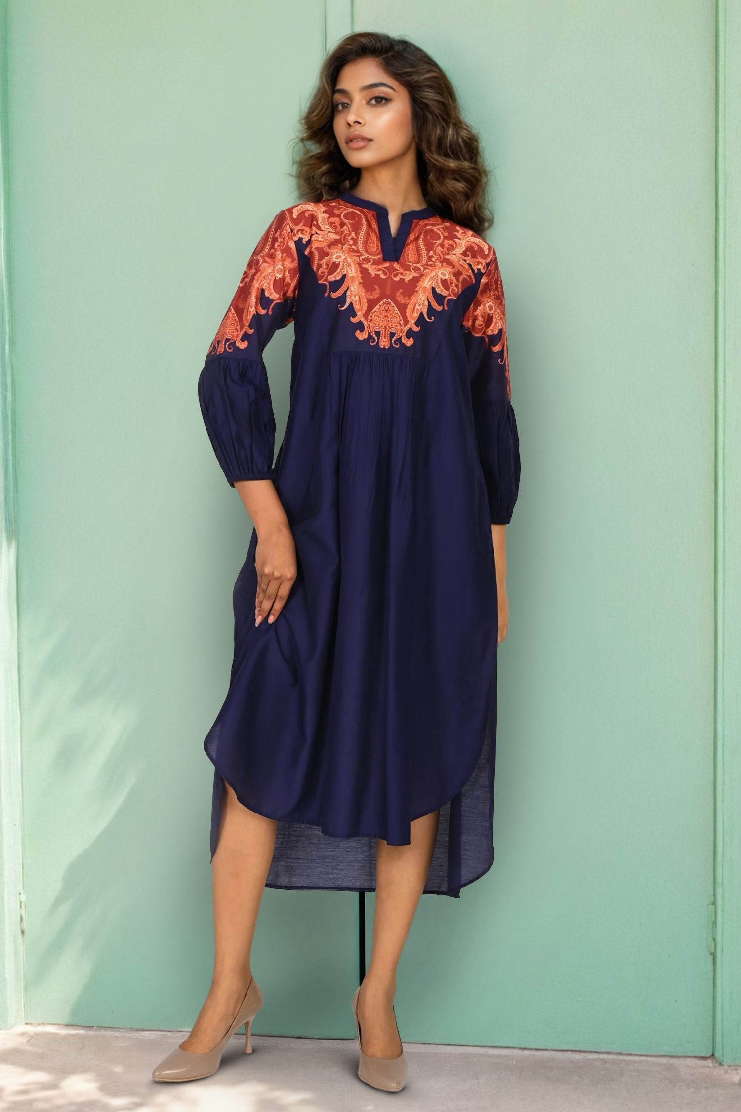 Navy Blue Long Dress Featuring 3/4th Sleeves and Detailed Neck Print
