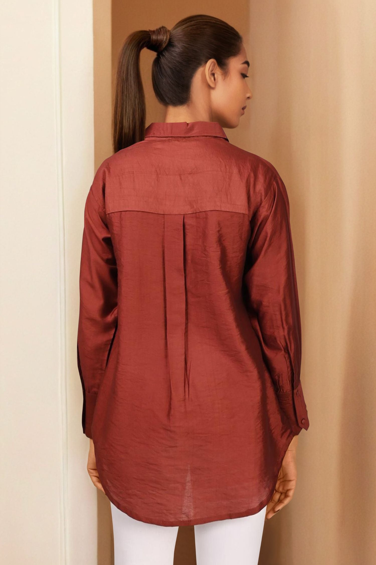 Maroon Shine Satin Sequin Shirt