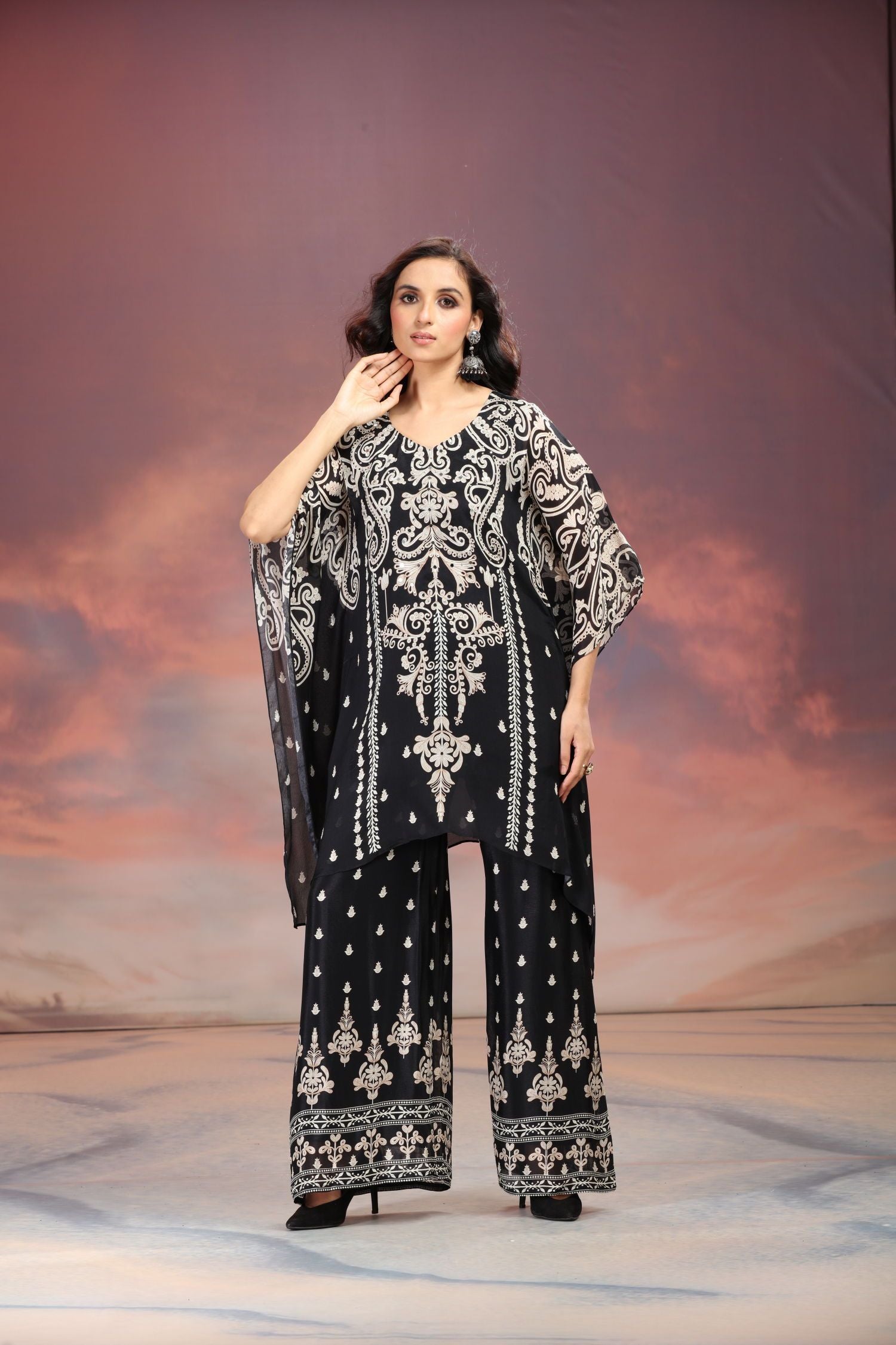 Black Sharara-Style Two-Piece Cord Set with Detailed Embroidered Design