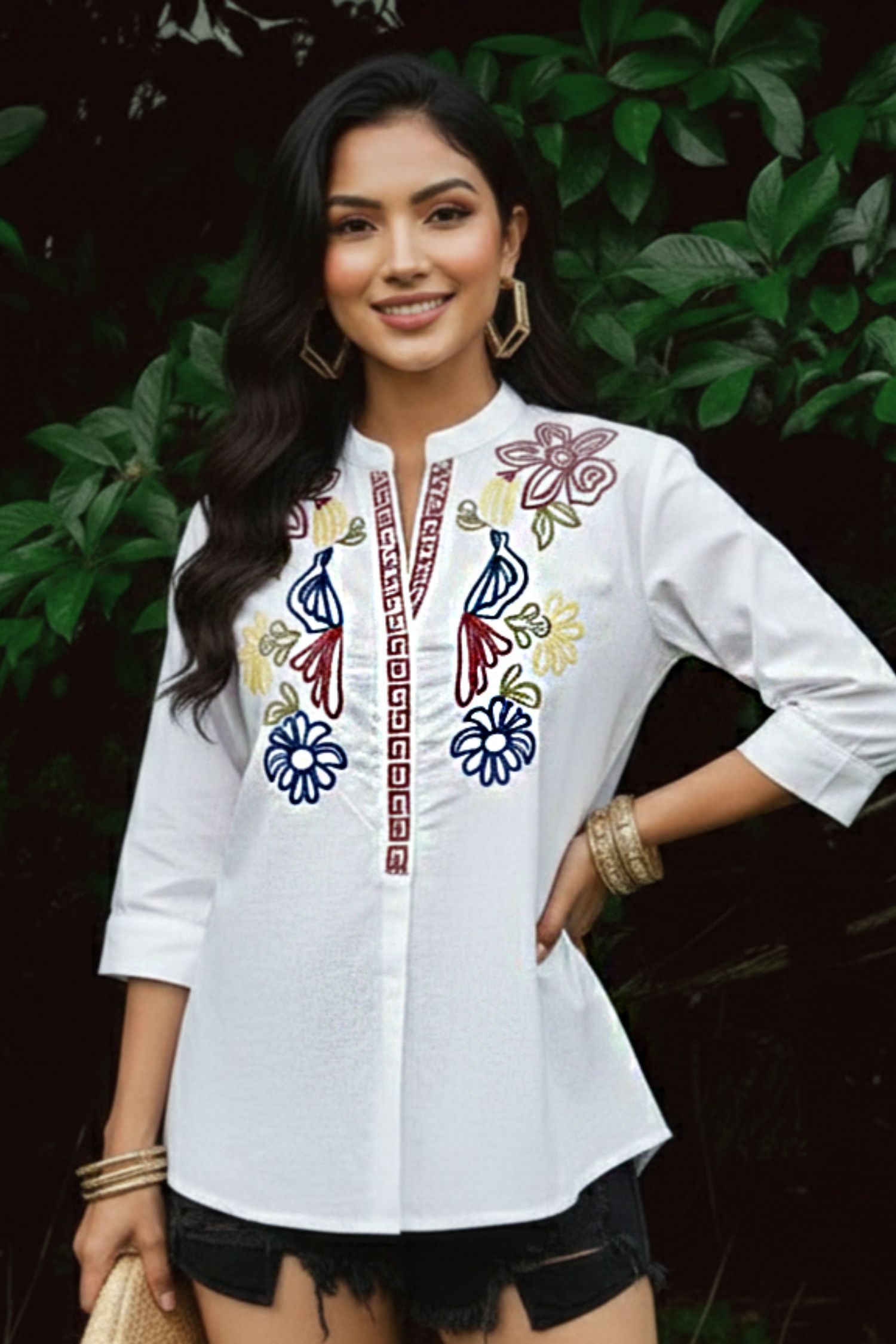 White Cotton Top with Thread Embroidery