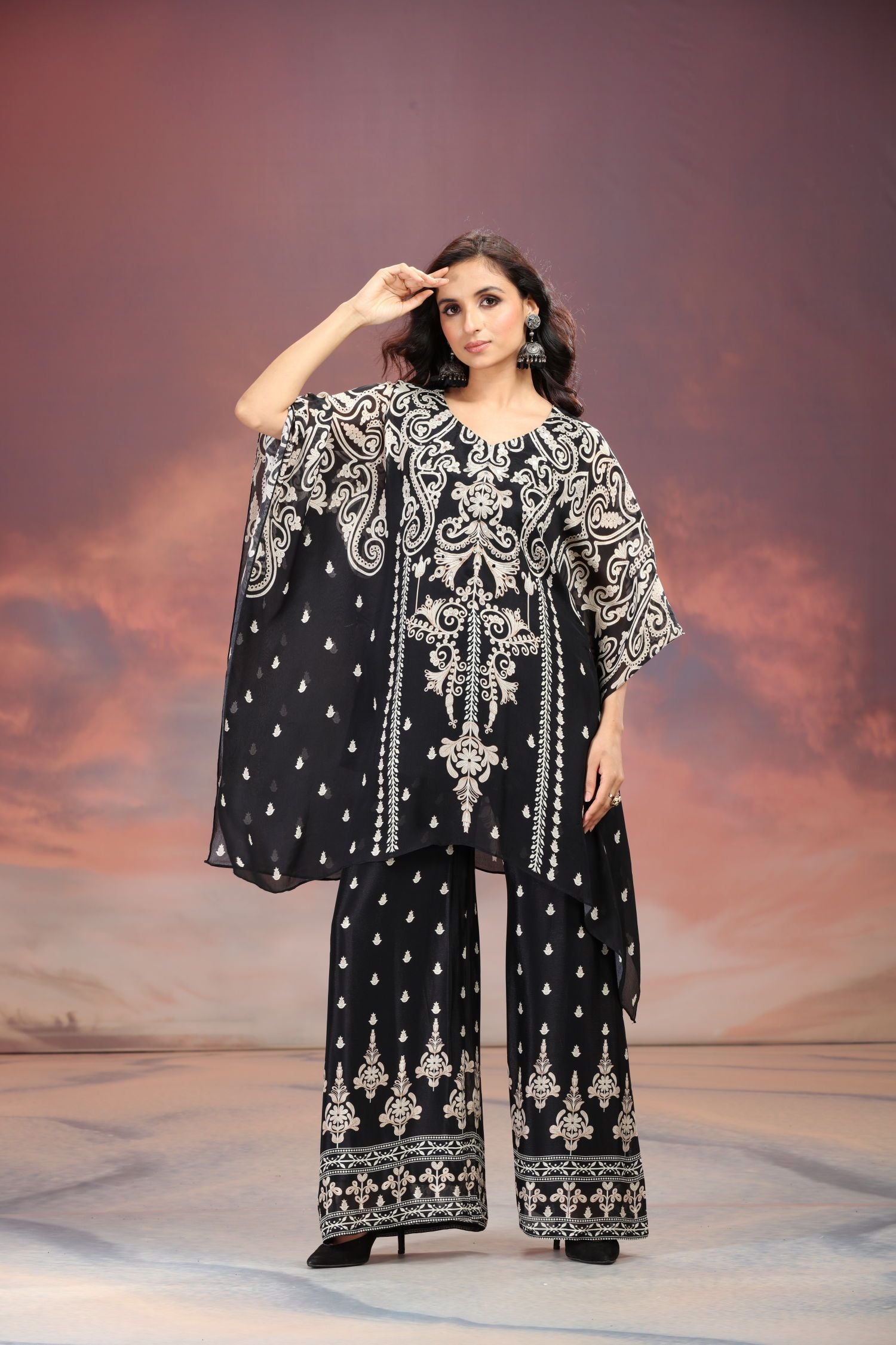 Black Sharara-Style Two-Piece Cord Set with Detailed Embroidered Design
