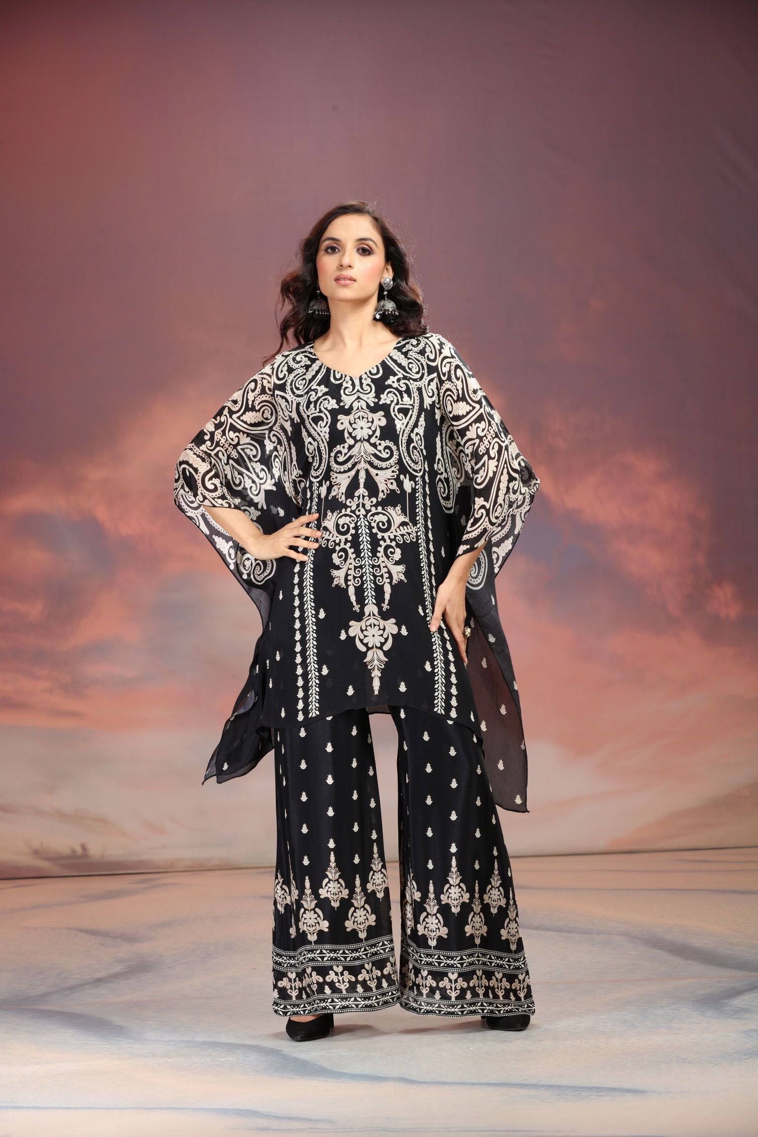 Black Sharara-Style Two-Piece Cord Set with Detailed Embroidered Design