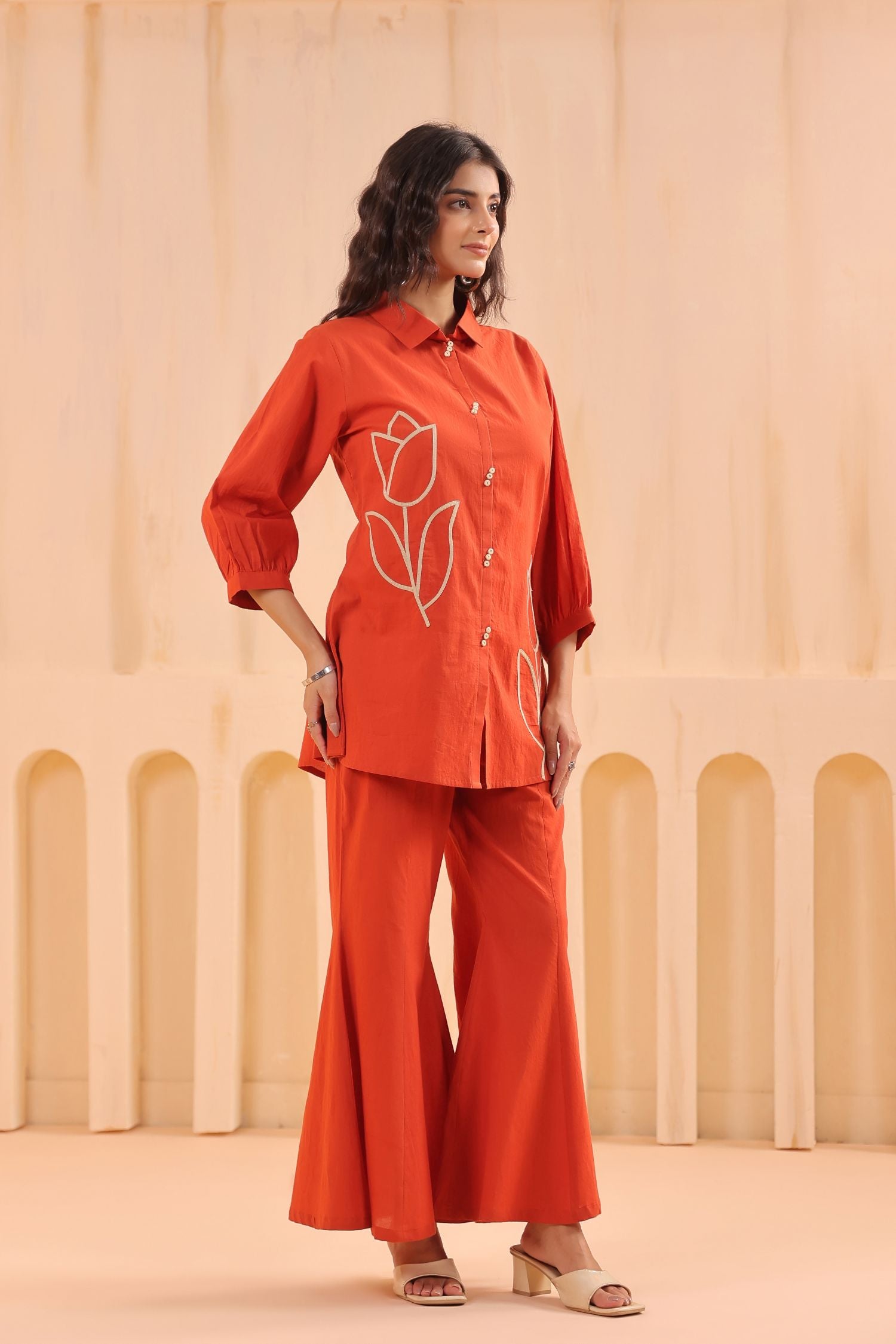 Rust Embroidered Top with Bell Bottom Cord Set