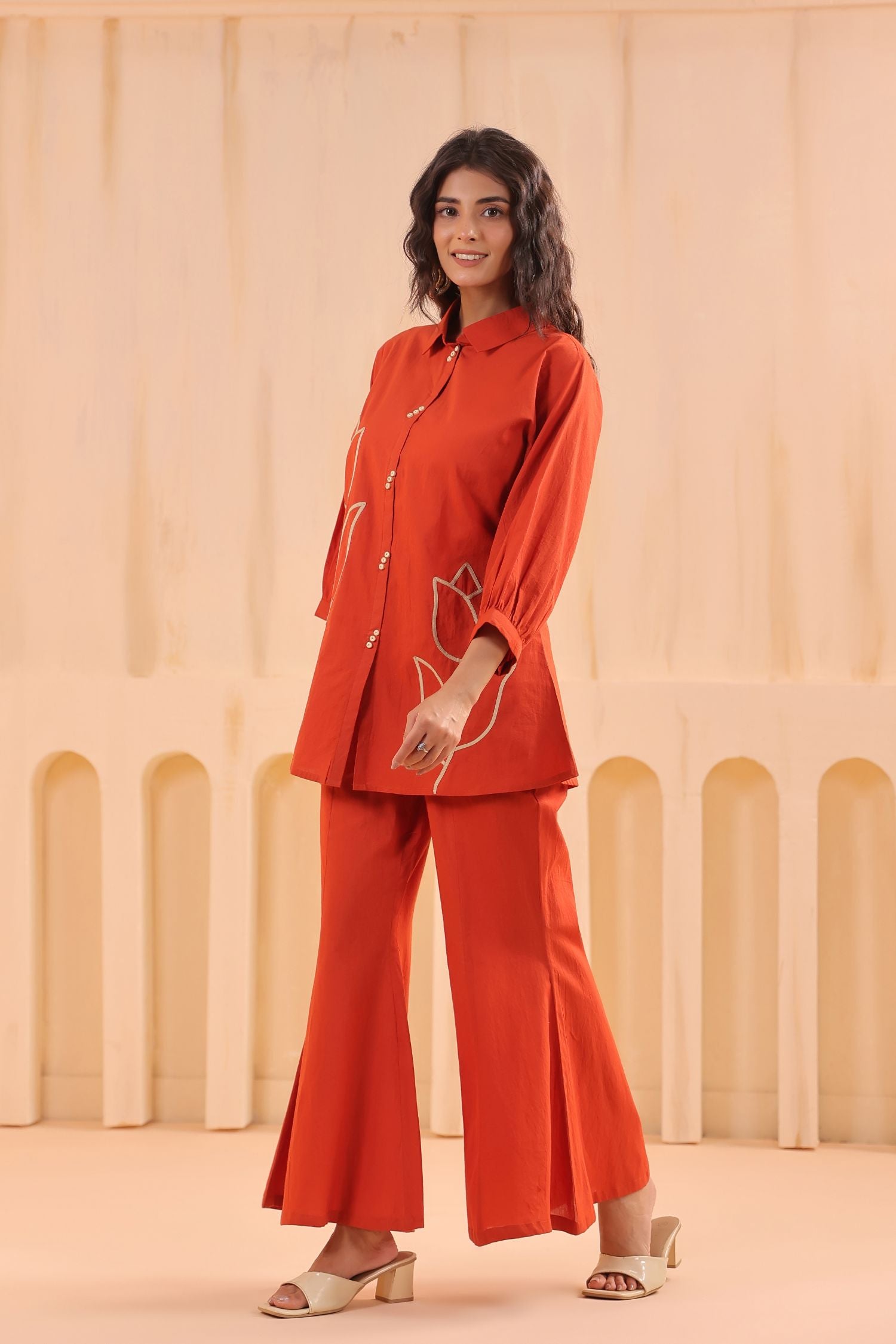 Rust Embroidered Top with Bell Bottom Cord Set