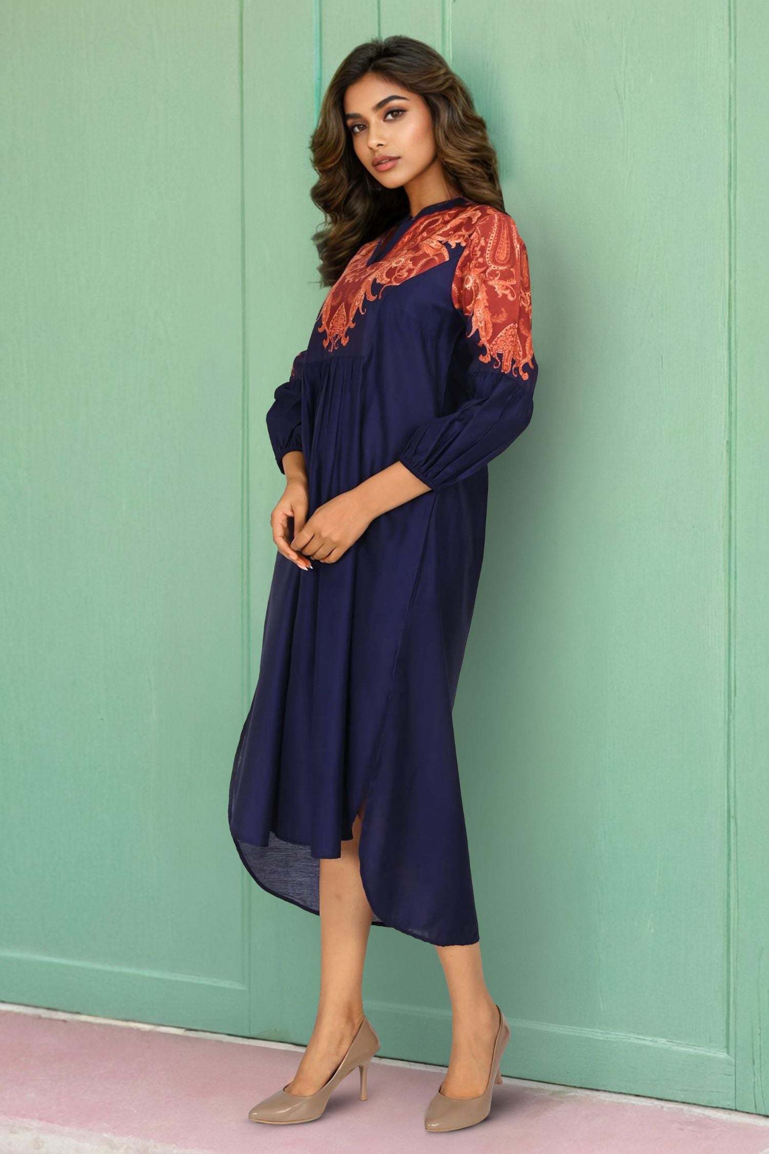 Navy Blue Long Dress Featuring 3/4th Sleeves and Detailed Neck Print