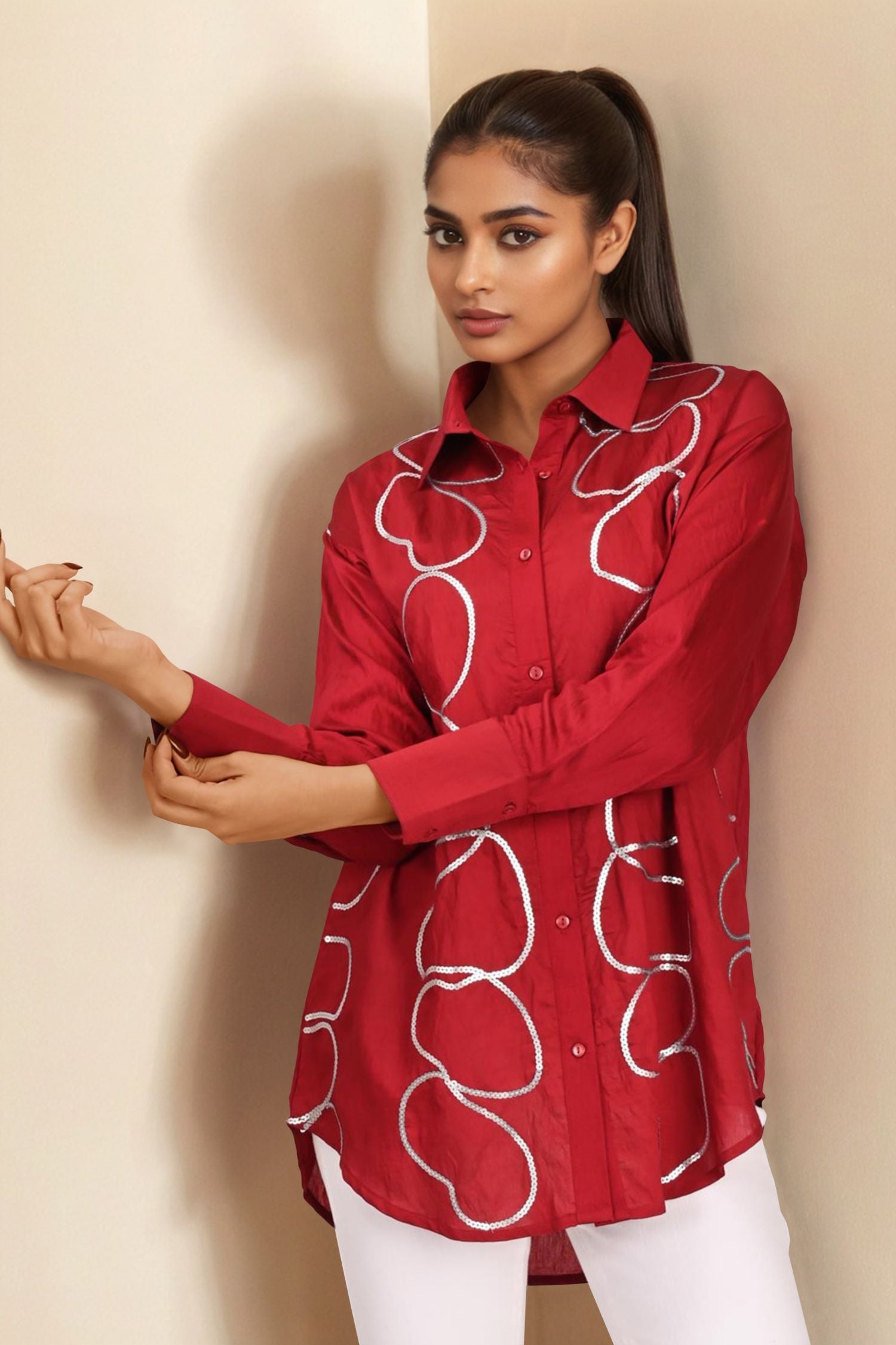 Maroon Full-Sleeve Shirt with Elegant Golden Stripes