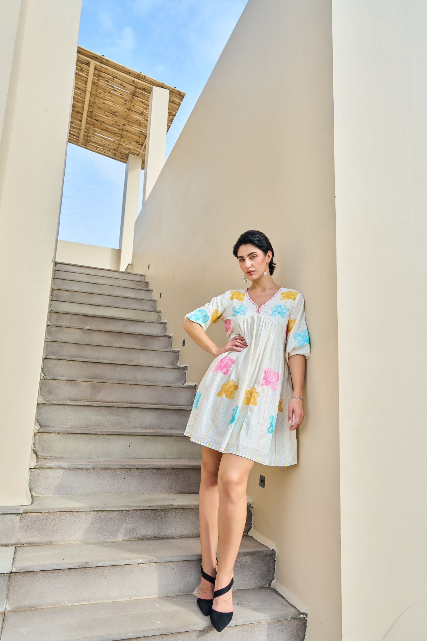 Elegant Tunic Featuring Vibrant Mix-Color Floral Embroidery