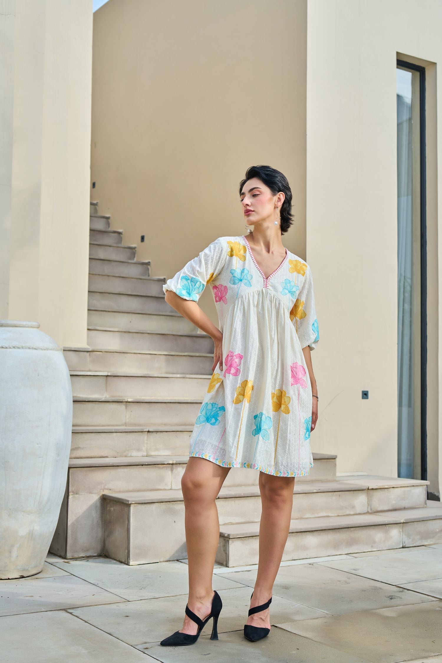 Elegant Tunic Featuring Vibrant Mix-Color Floral Embroidery