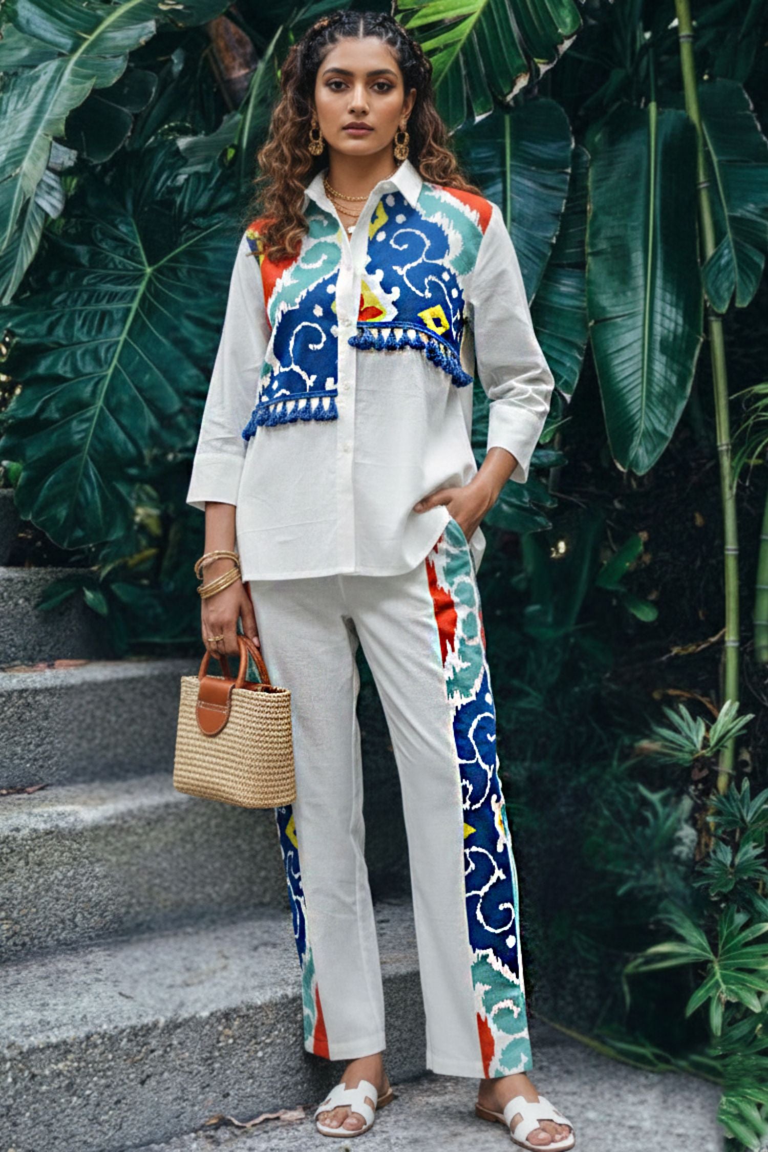 White Cotton Co-ord Set with Ikat-Inspired Panel Design & Shirt Collar