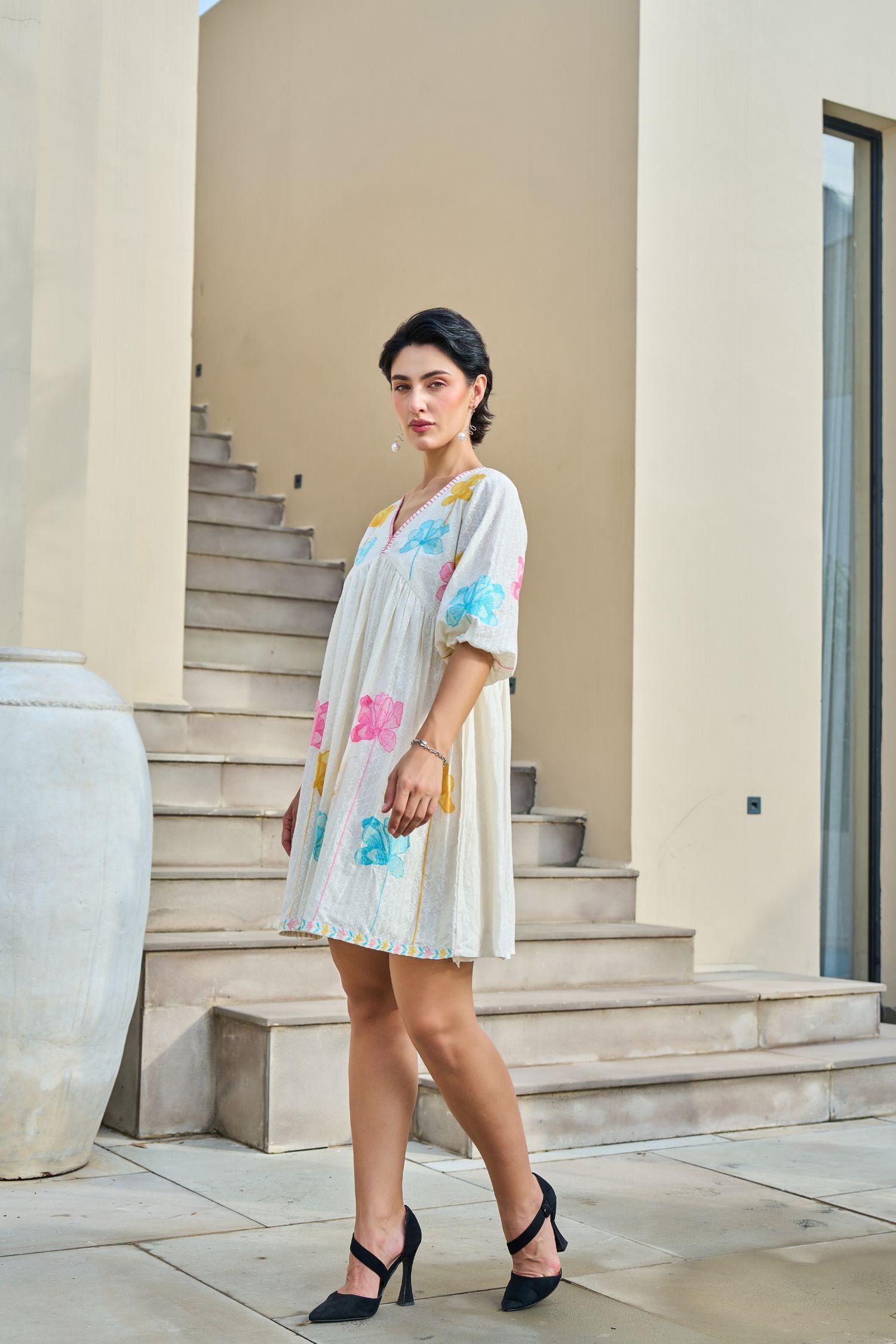 Elegant Tunic Featuring Vibrant Mix-Color Floral Embroidery
